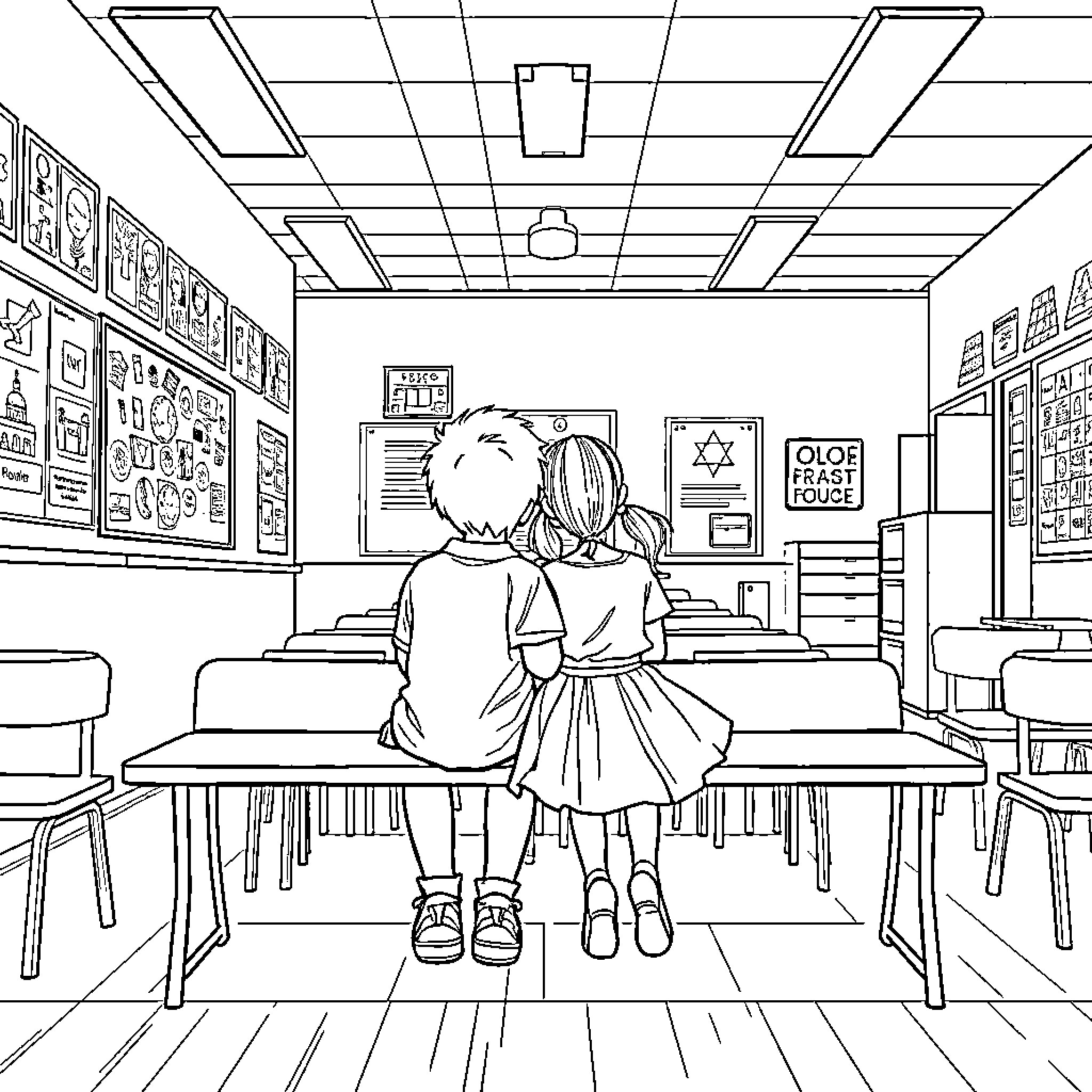 Boy and Girl in Classroom Setting Coloring Page (free black-and-white line drawing printable PDF for all, from beginners to advanced learners, including children, teens, adults, and seniors)