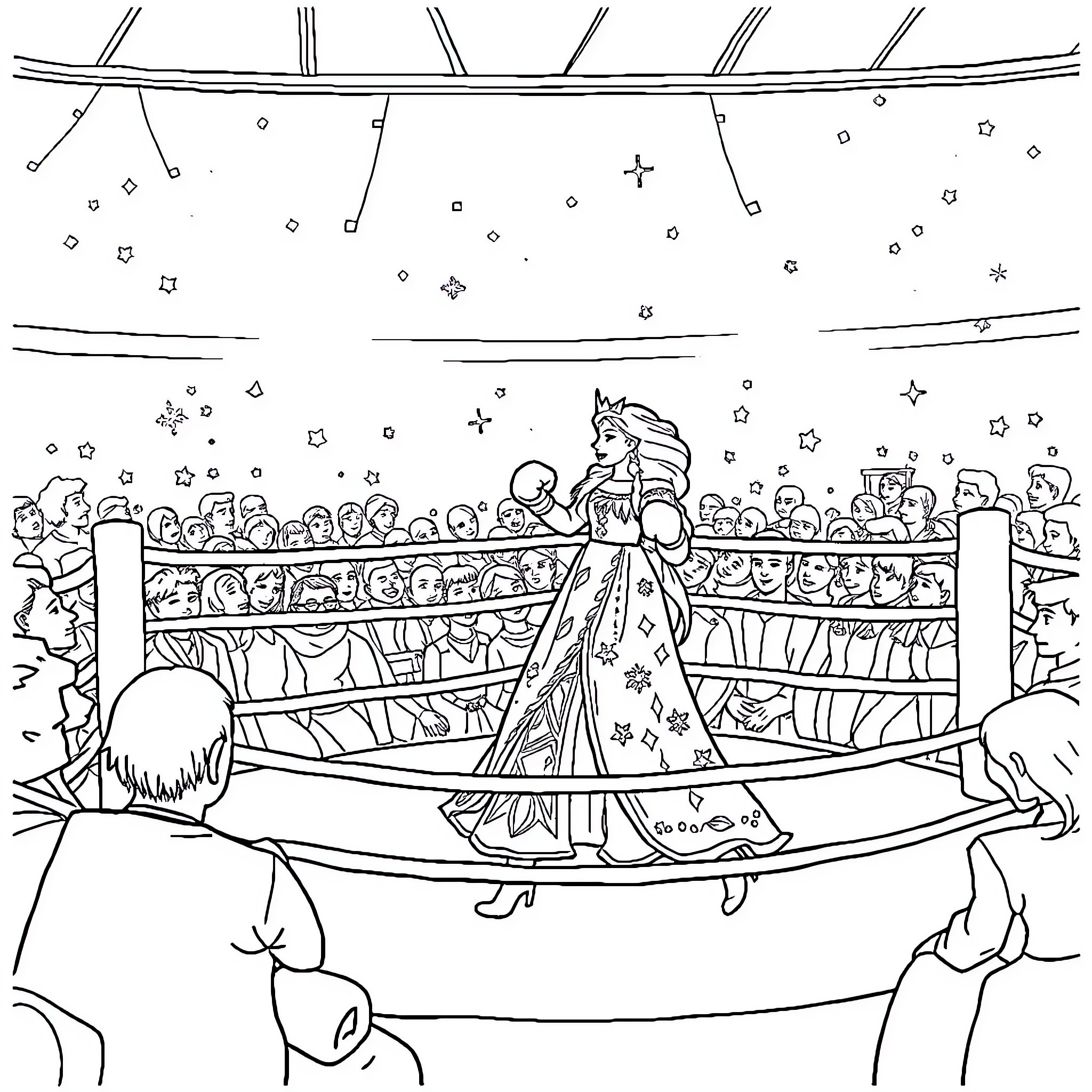 Queen performing on grand stage with audience Coloring Page (free black-and-white line drawing printable PDF for all, from beginners to advanced learners, including children, teens, adults, and seniors)