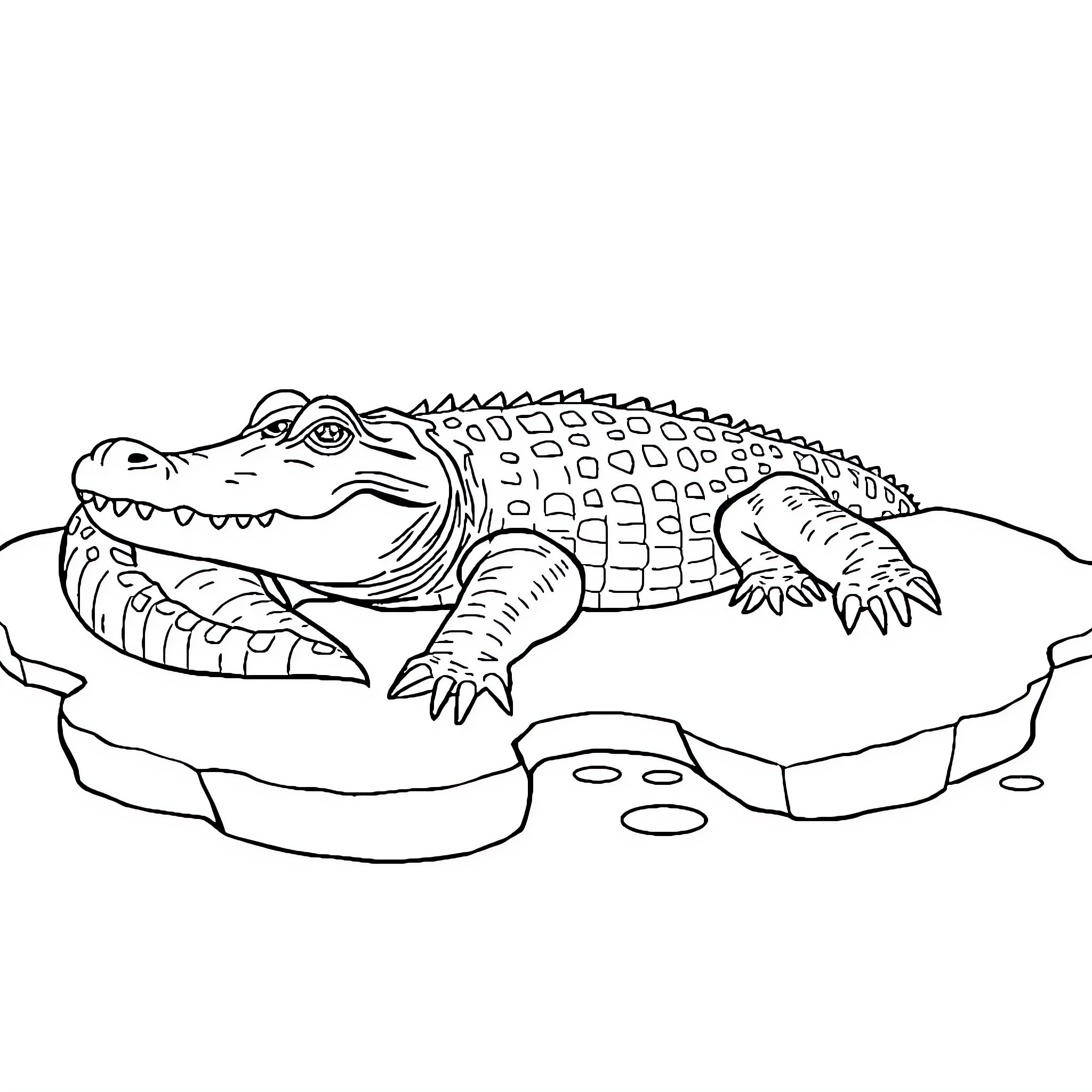Gator resting on a rock Coloring Page (free black-and-white line drawing printable PDF for all, from beginners to advanced learners, including children, teens, adults, and seniors)