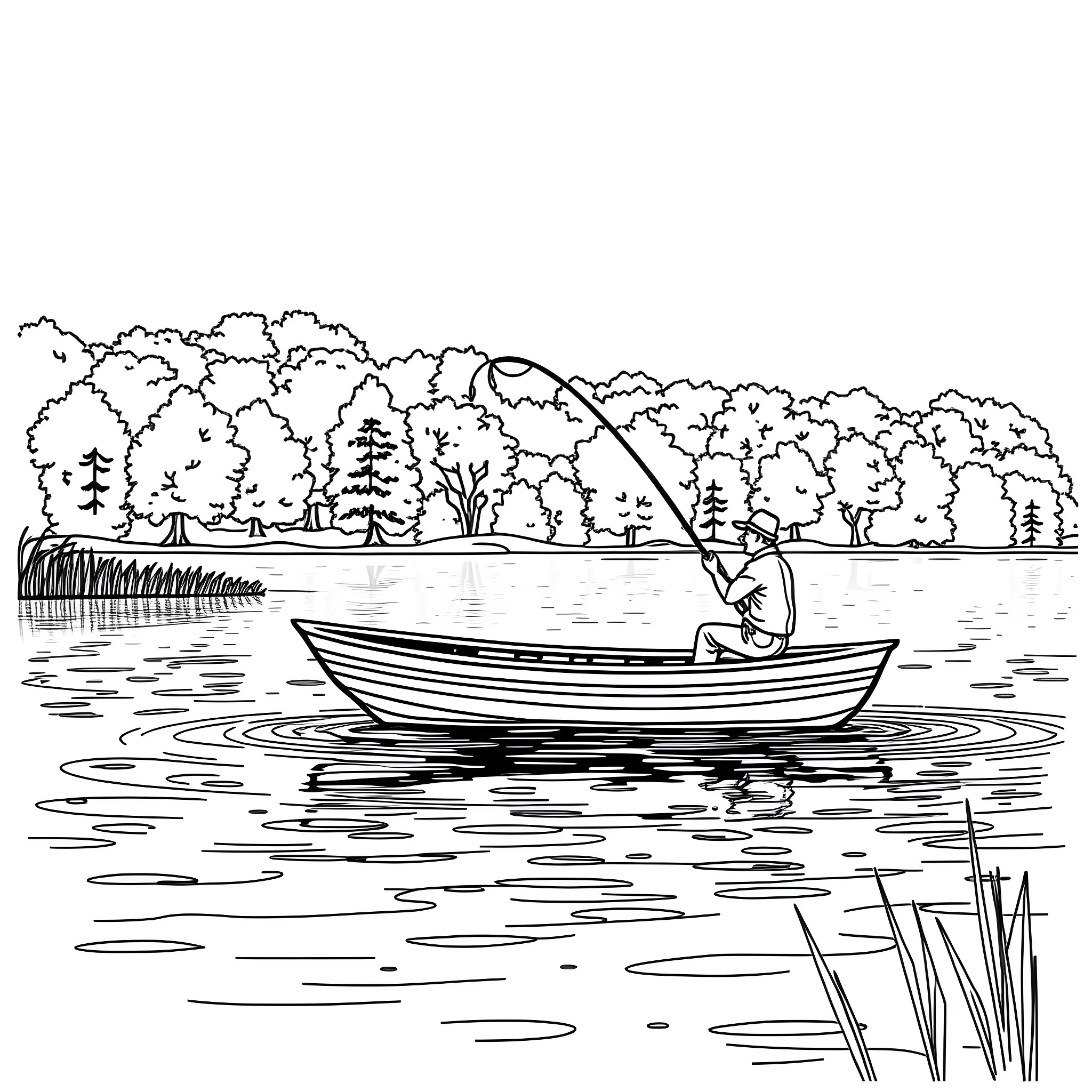 Fishing on a serene lake surrounded by trees Coloring Page (free black-and-white line drawing printable PDF for all, from beginners to advanced learners, including children, teens, adults, and seniors)