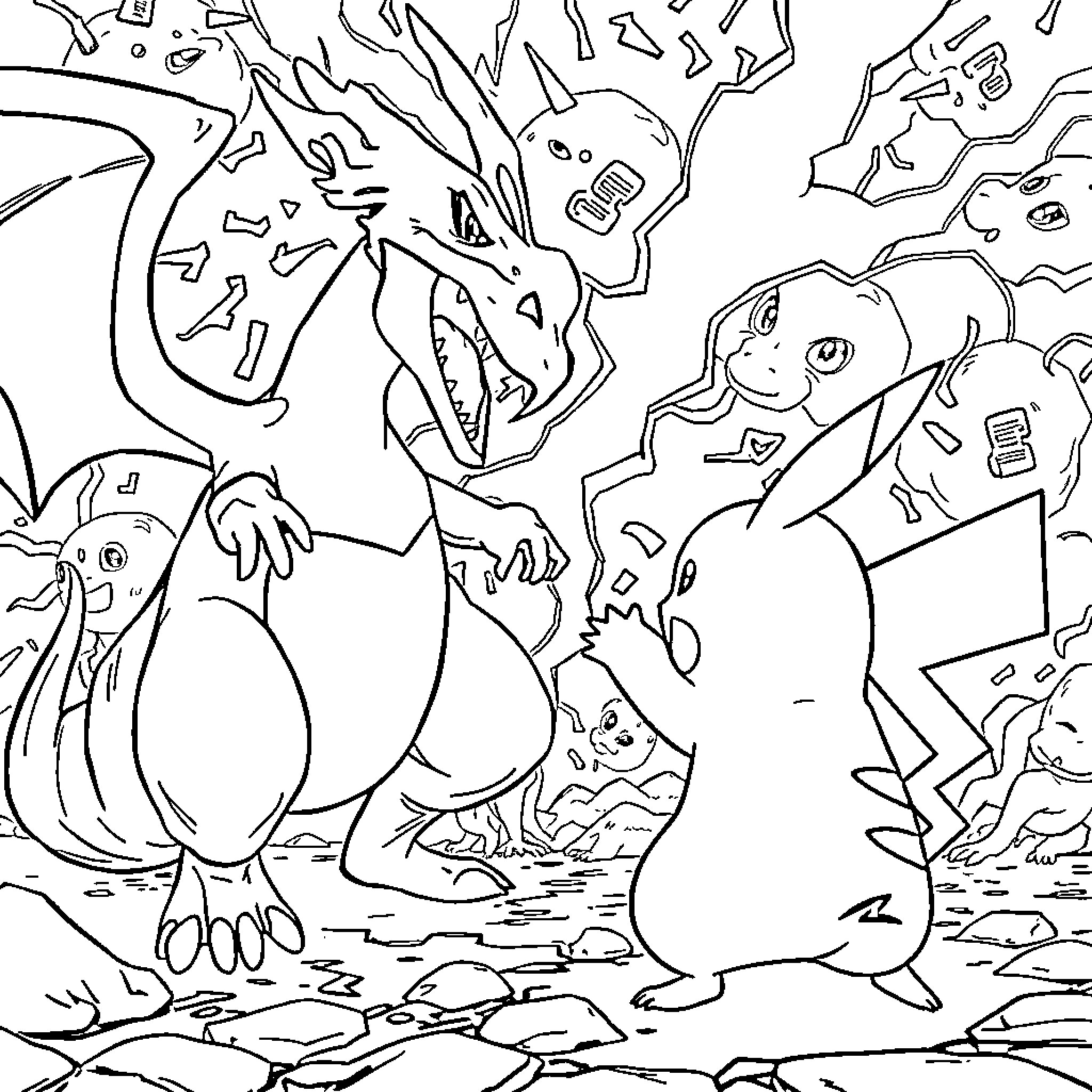 Pikachu and Charizard in an epic Pokemon battle Coloring Page (free black-and-white line drawing printable PDF for all, from beginners to advanced learners, including children, teens, adults, and seniors)