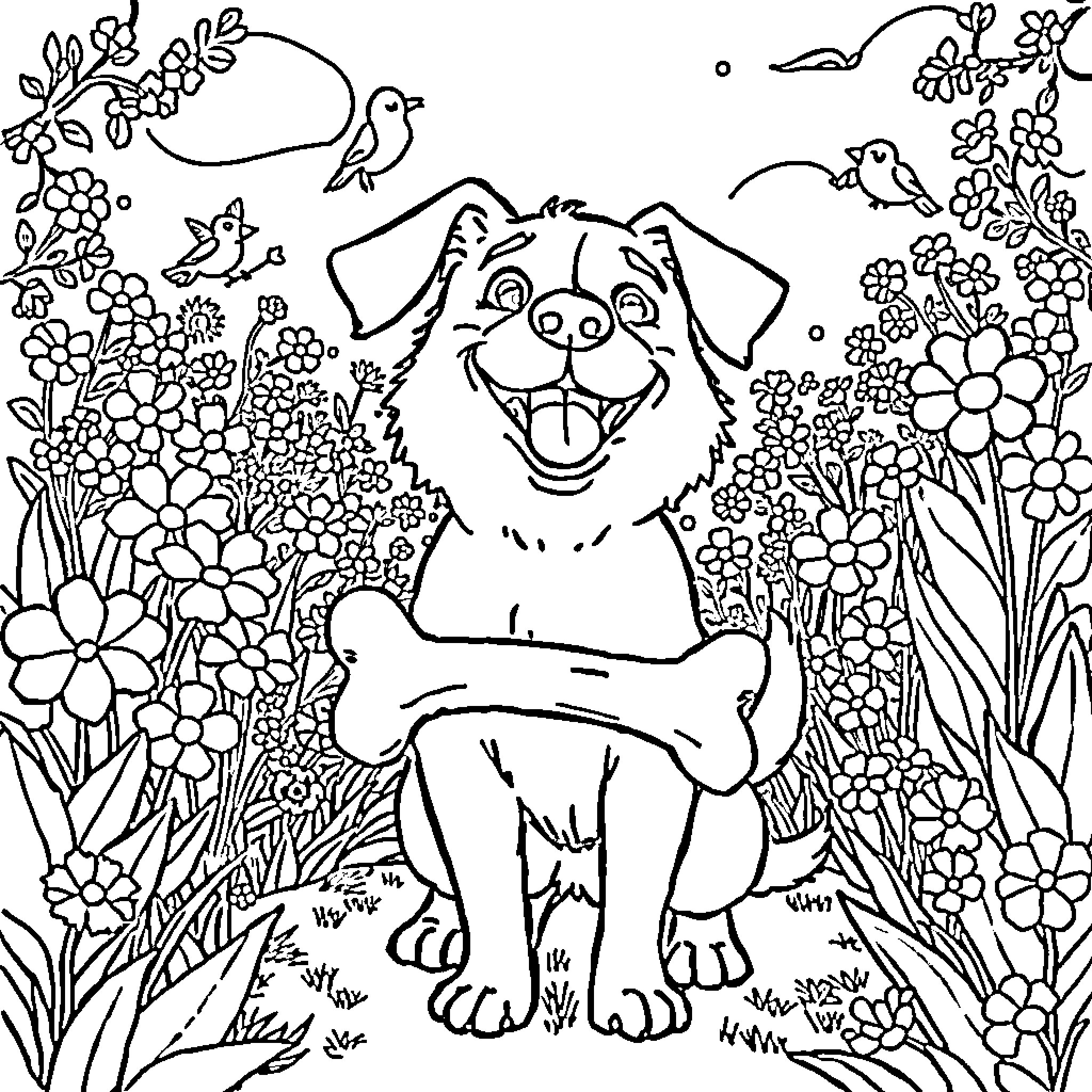 Dog happily playing in a floral garden Coloring Page (free black-and-white line drawing printable PDF for all, from beginners to advanced learners, including children, teens, adults, and seniors)