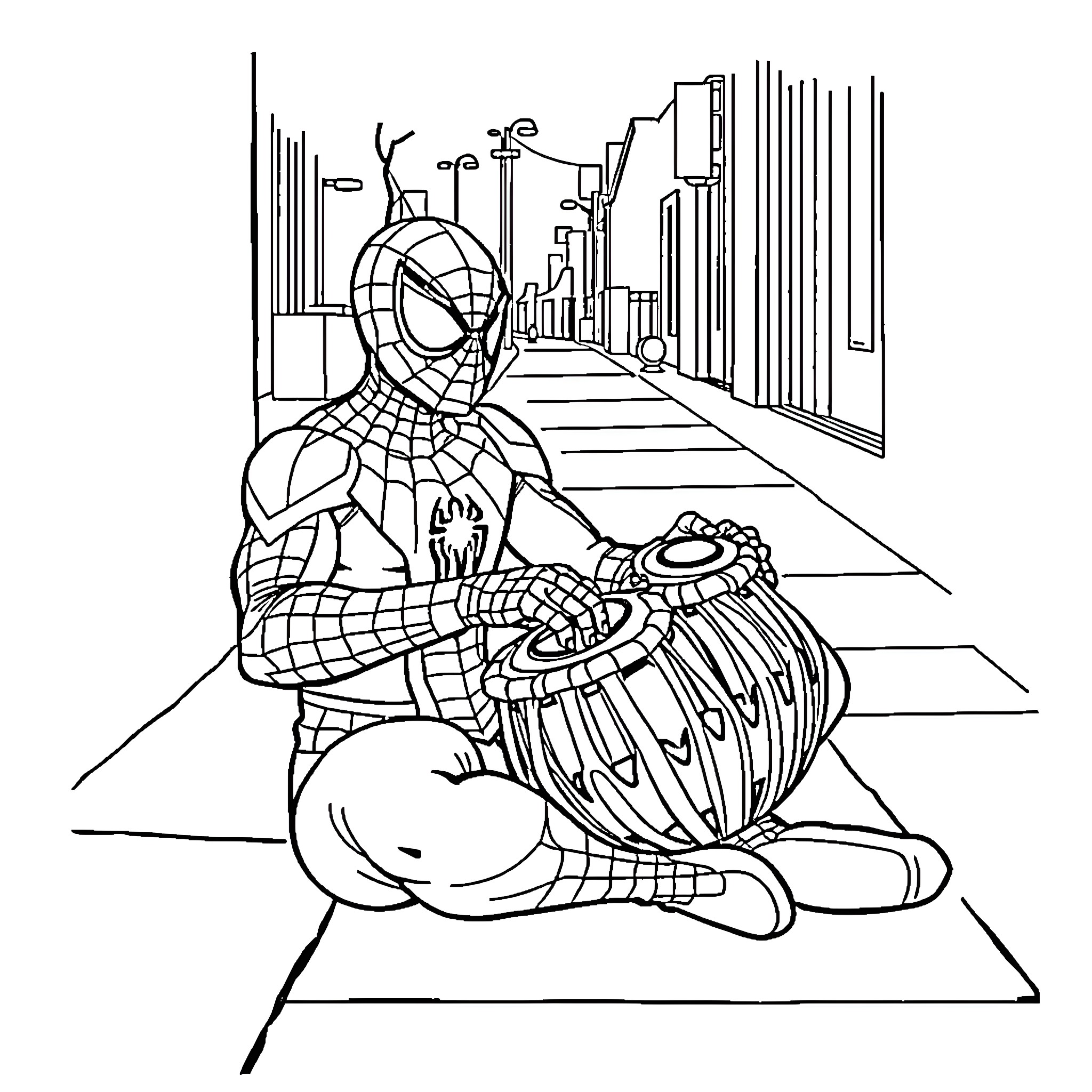 Spiderman resting in an urban setting Coloring Page (free black-and-white line drawing printable PDF for all, from beginners to advanced learners, including children, teens, adults, and seniors)