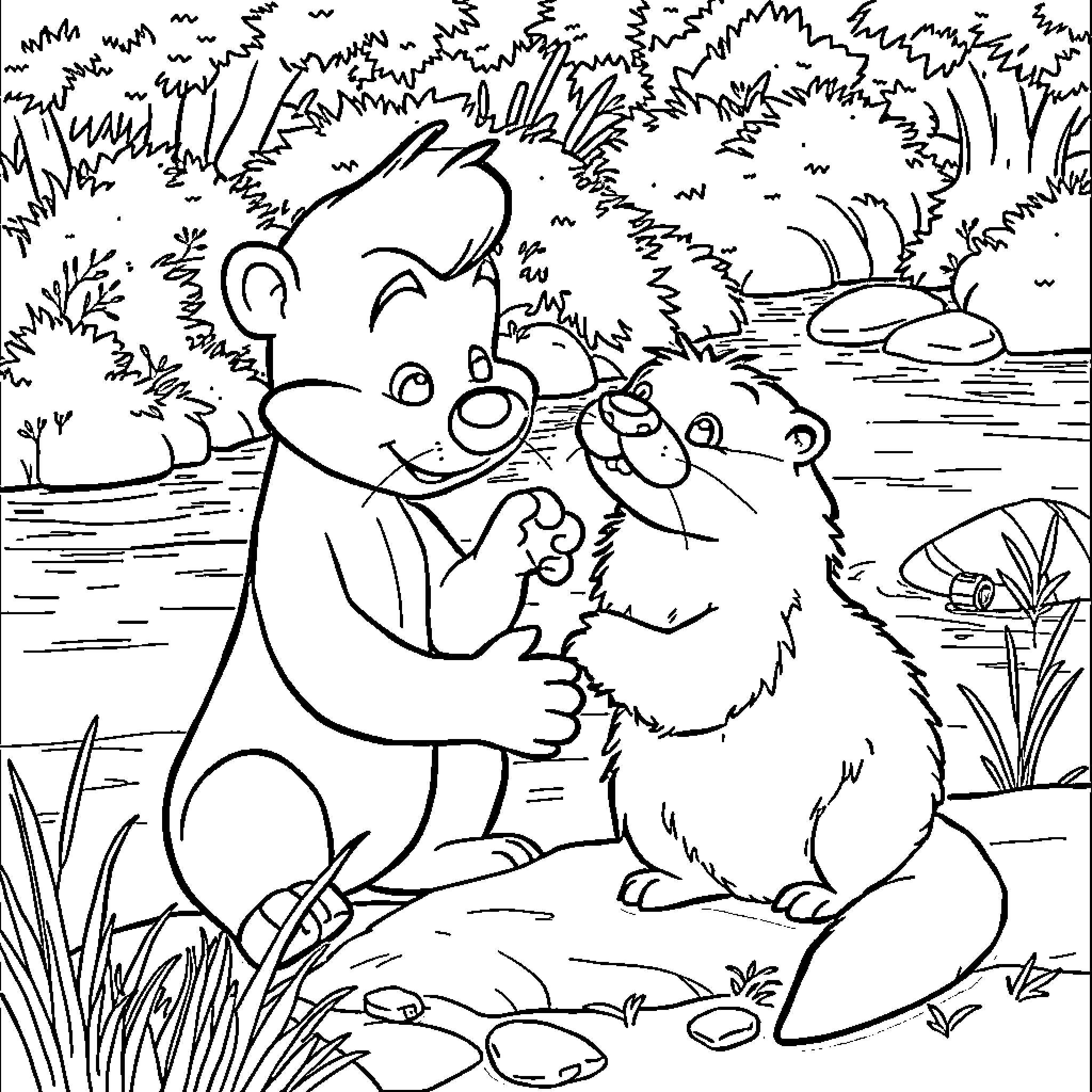 Kuzco's Furry Friends Frolic in Nature Coloring Page (free black-and-white line drawing printable PDF for all, from beginners to advanced learners, including children, teens, adults, and seniors)
