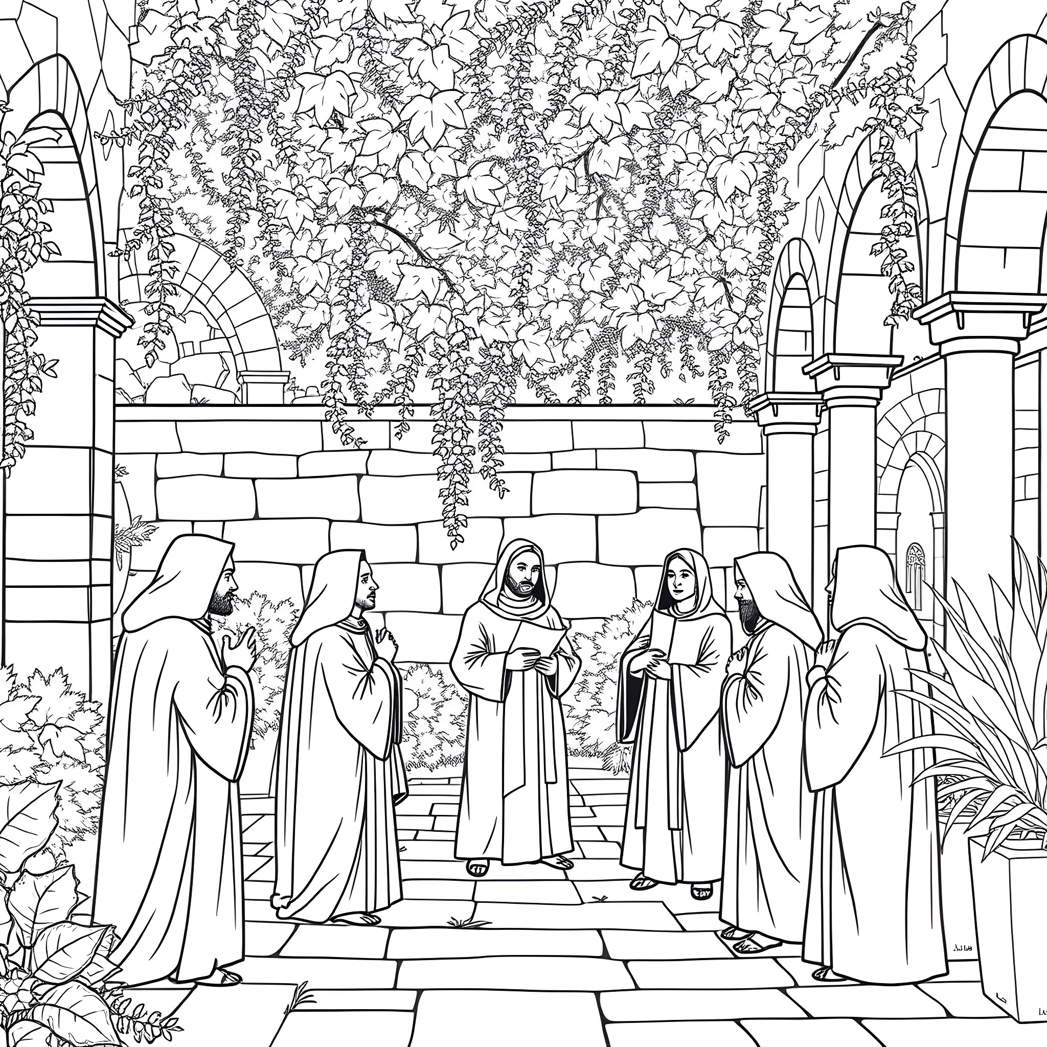 Friar leading a group of monks in a garden Coloring Page (free black-and-white line drawing printable PDF for all, from beginners to advanced learners, including children, teens, adults, and seniors)