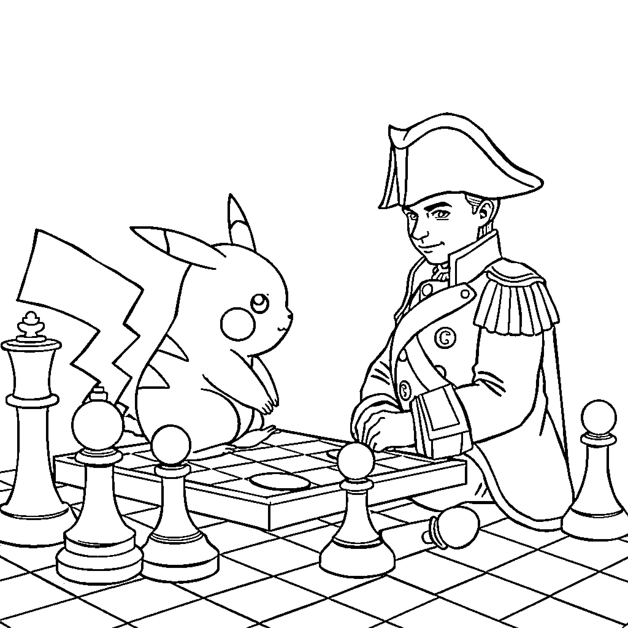 Pikachu playing chess with a Napoleon-inspired character Coloring Page (free black-and-white line drawing printable PDF for all, from beginners to advanced learners, including children, teens, adults, and seniors)