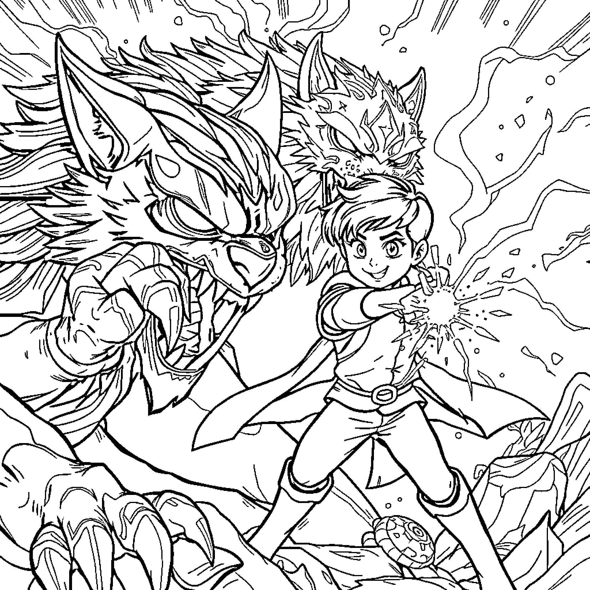 Daniel battles a fierce dragon in the wild Coloring Page (free black-and-white line drawing printable PDF for all, from beginners to advanced learners, including children, teens, adults, and seniors)