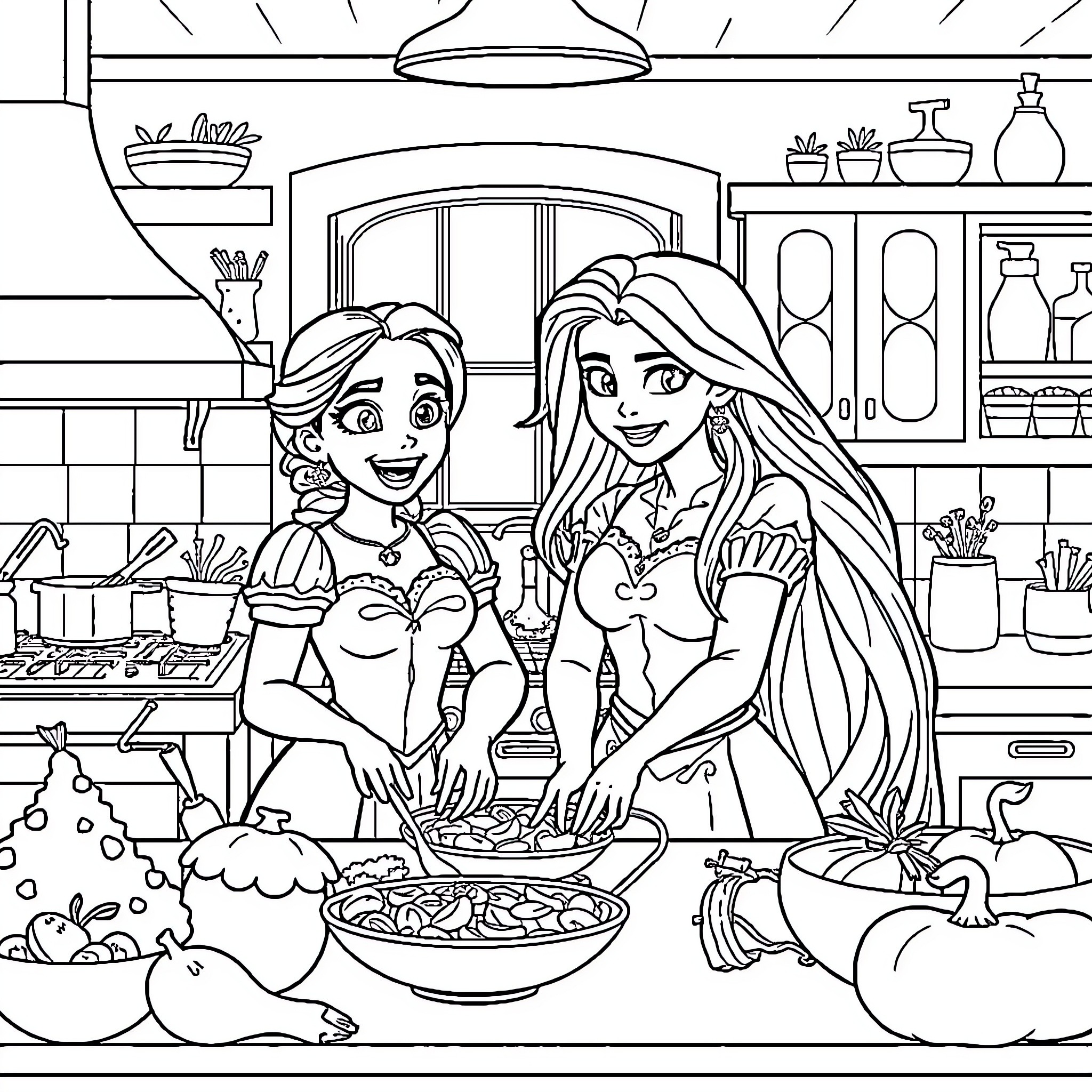 Tiana and Rapunzel Cooking Together in the Kitchen Coloring Page (free black-and-white line drawing printable PDF for all, from beginners to advanced learners, including children, teens, adults, and seniors)
