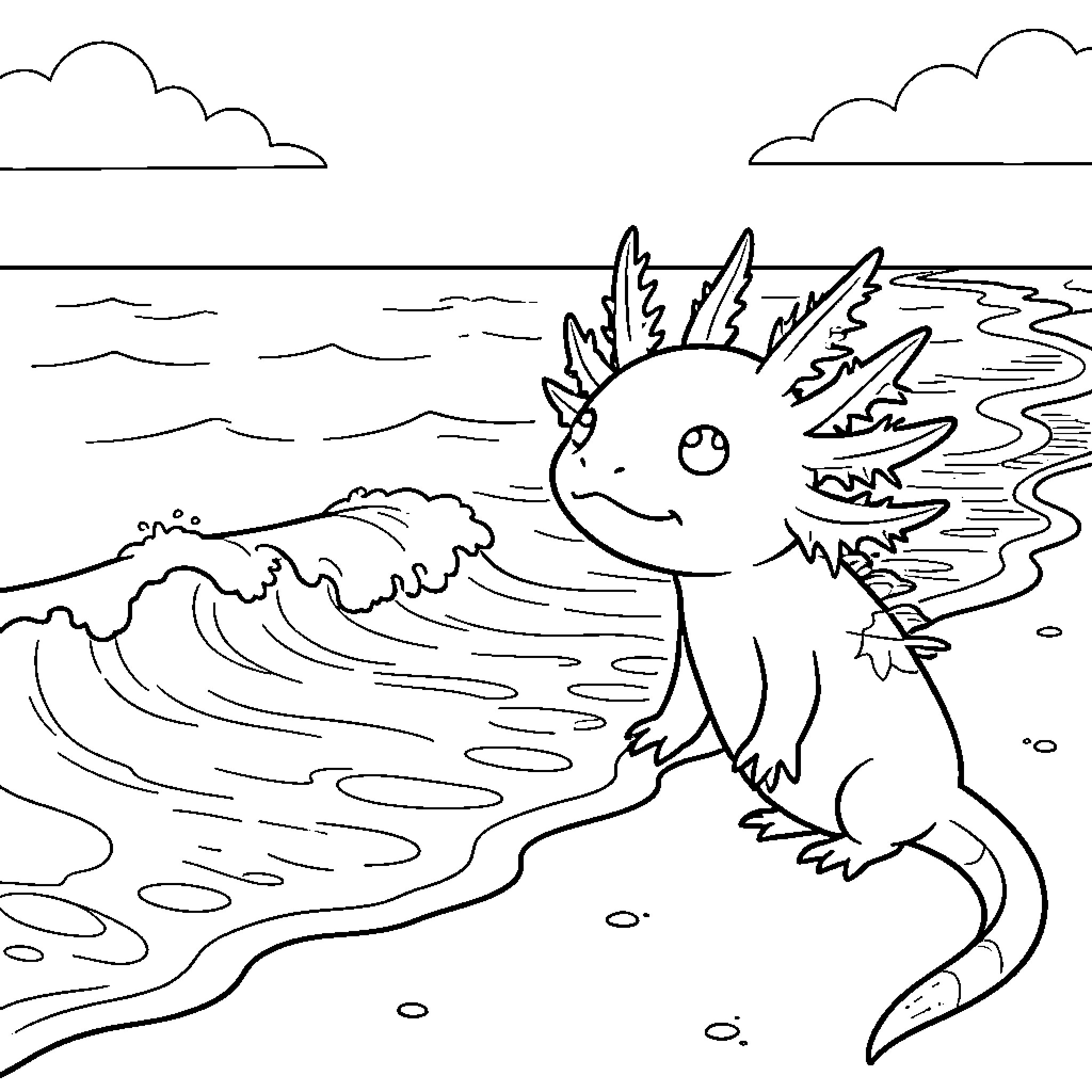 Axolotl standing happily by the ocean waves Coloring Page (free black-and-white line drawing printable PDF for all, from beginners to advanced learners, including children, teens, adults, and seniors)