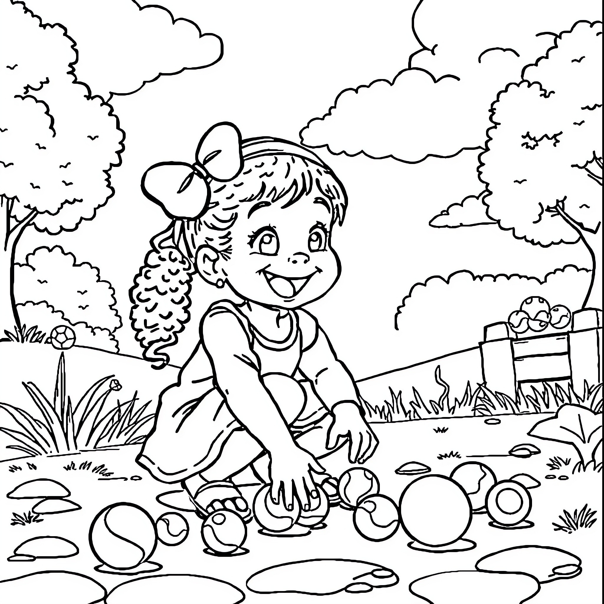 Girl playing with balls in outdoor park scene Coloring Page (free black-and-white line drawing printable PDF for all, from beginners to advanced learners, including children, teens, adults, and seniors)