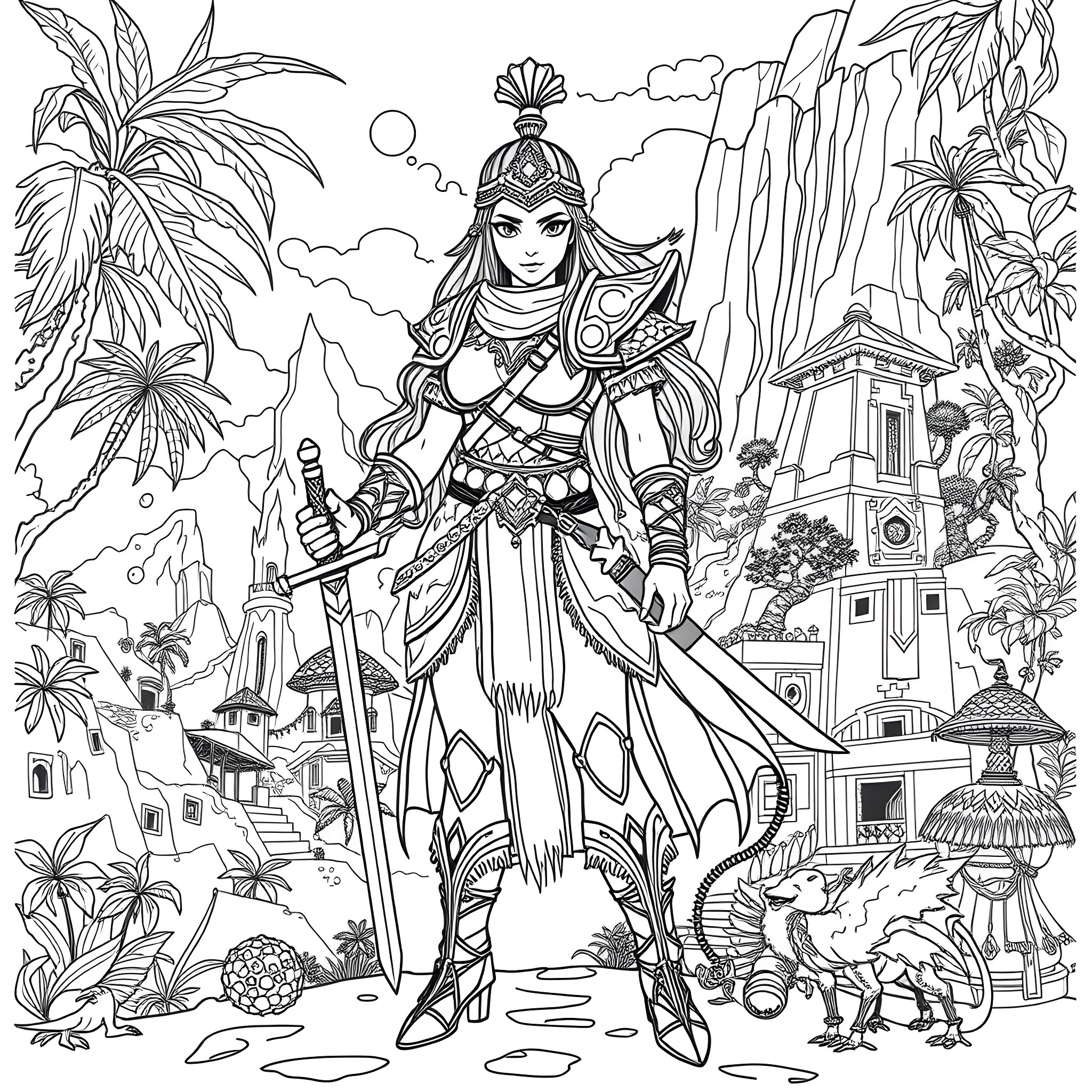 Raya exploring the fantastical world with her warrior outfit Coloring Page (free black-and-white line drawing printable PDF for all, from beginners to advanced learners, including children, teens, adults, and seniors)
