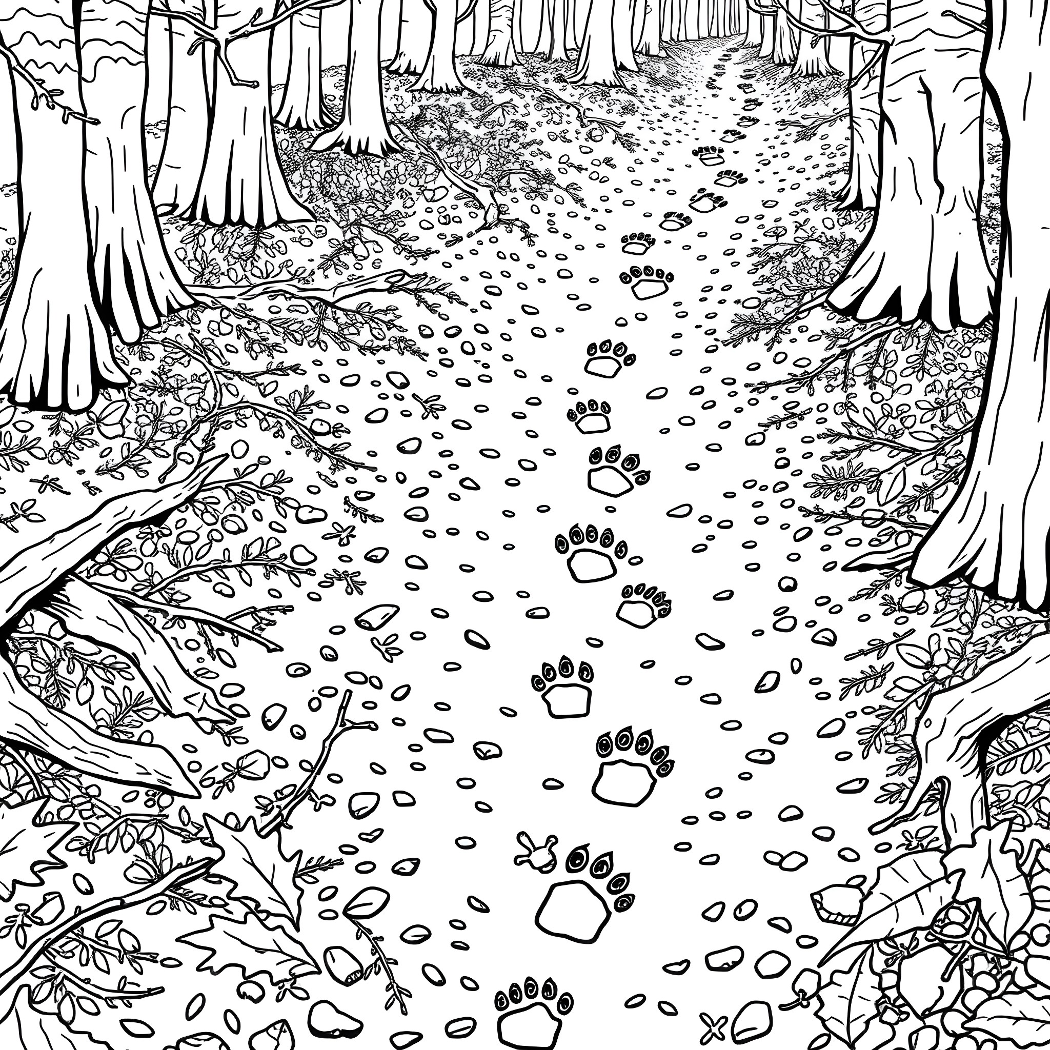 Animal Footprints in the Enchanted Forest Coloring Page (free black-and-white line drawing printable PDF for all, from beginners to advanced learners, including children, teens, adults, and seniors)