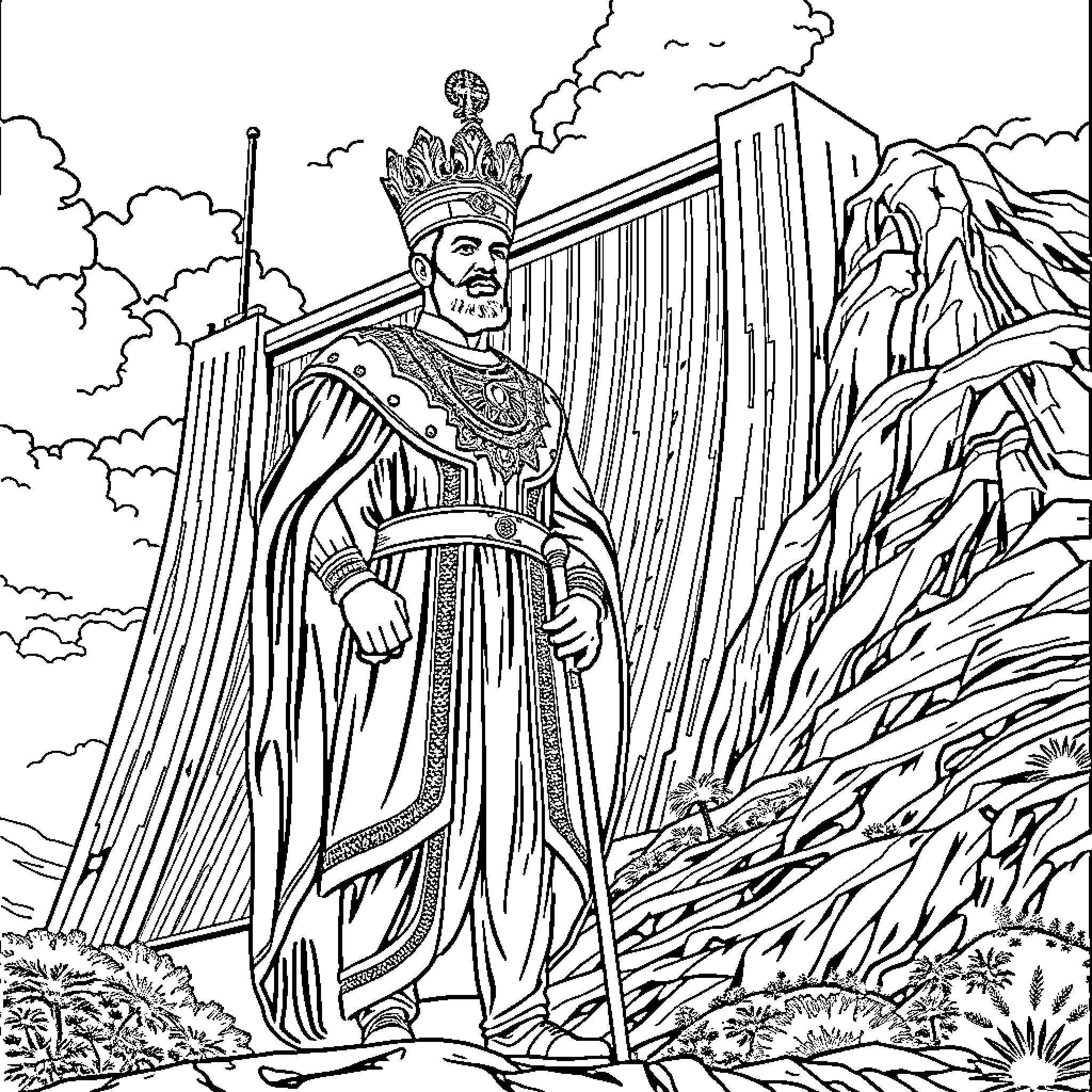 King Hailesilasie in Regal Attire Overlooking Landscape Coloring Page (free black-and-white line drawing printable PDF for all, from beginners to advanced learners, including children, teens, adults, and seniors)
