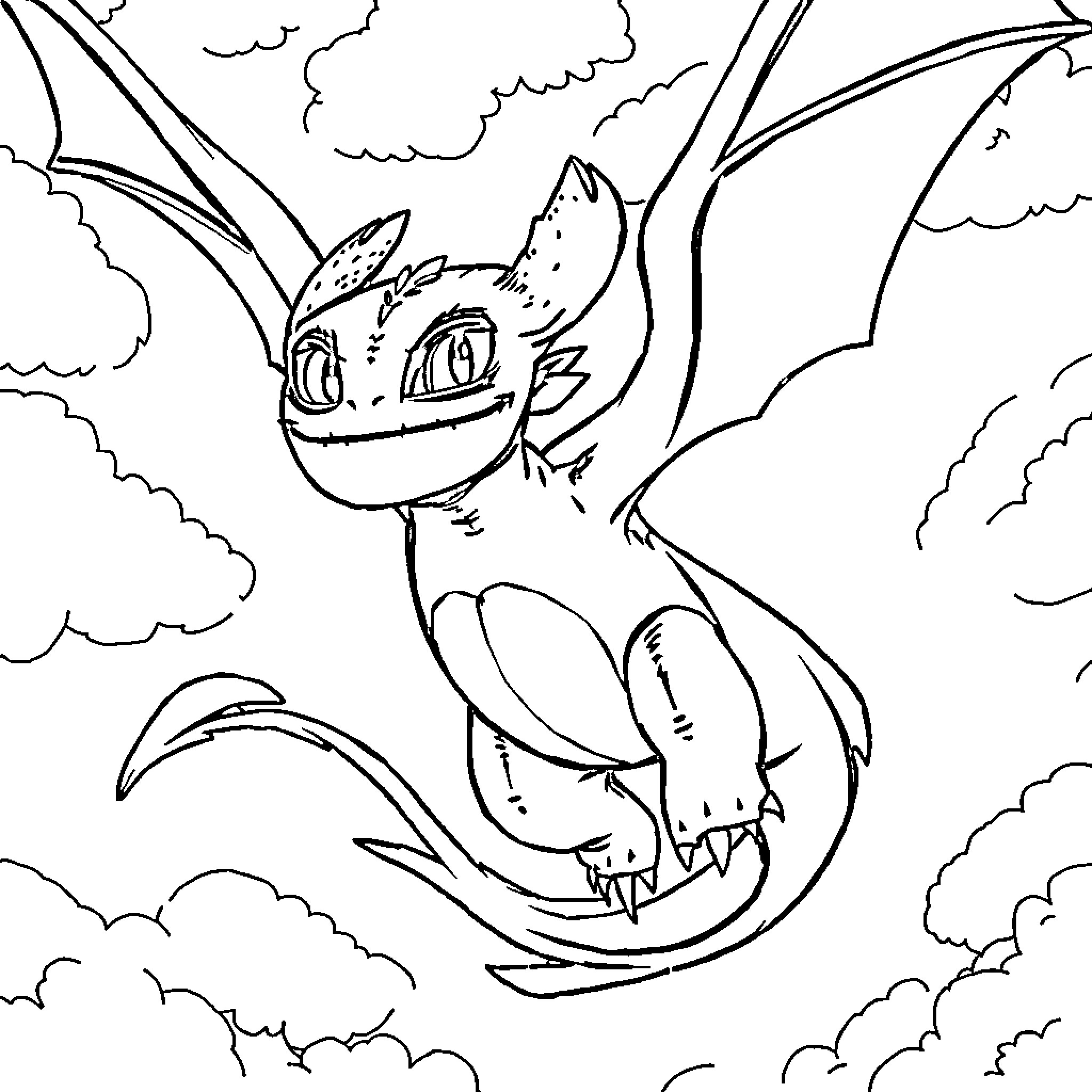 Toothless dragon soaring through cloudy skies Coloring Page (free black-and-white line drawing printable PDF for all, from beginners to advanced learners, including children, teens, adults, and seniors)