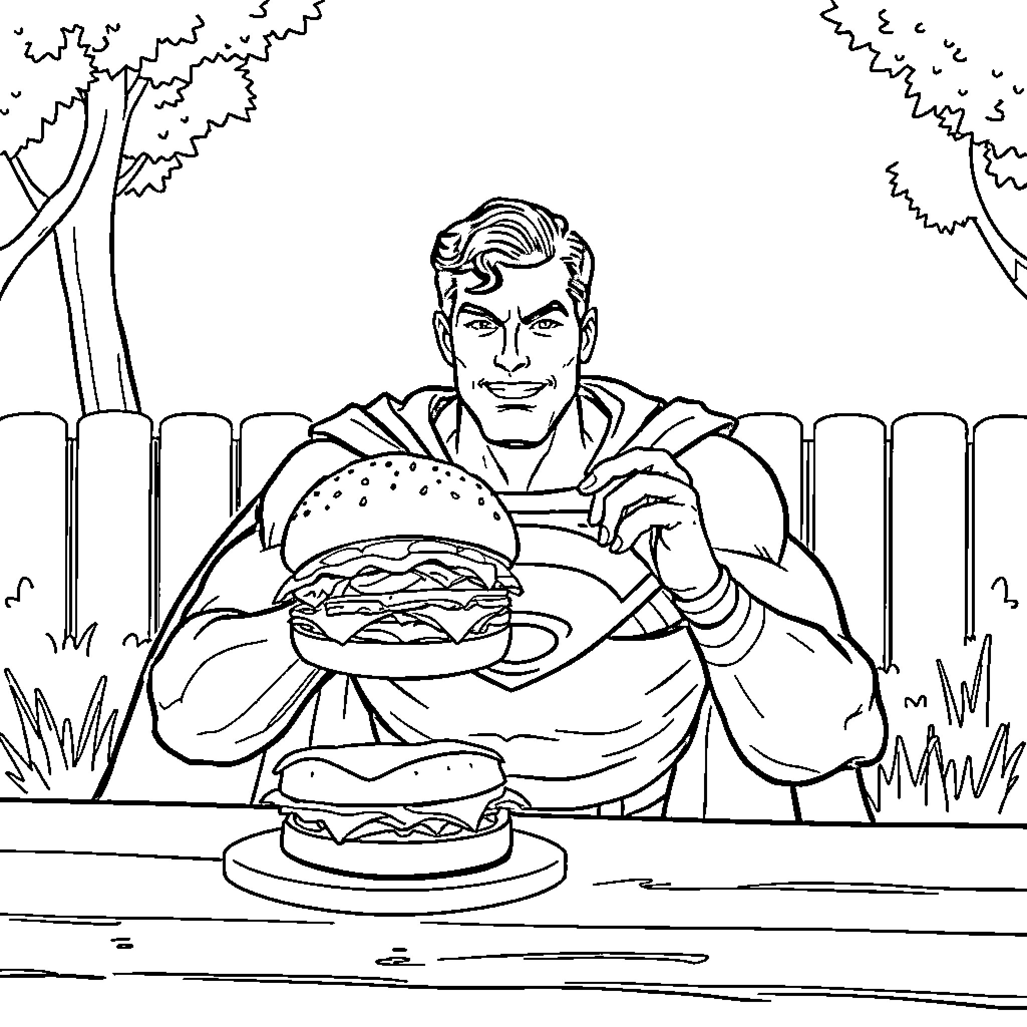 Superman enjoying a hearty burger in the great outdoors Coloring Page (free black-and-white line drawing printable PDF for all, from beginners to advanced learners, including children, teens, adults, and seniors)