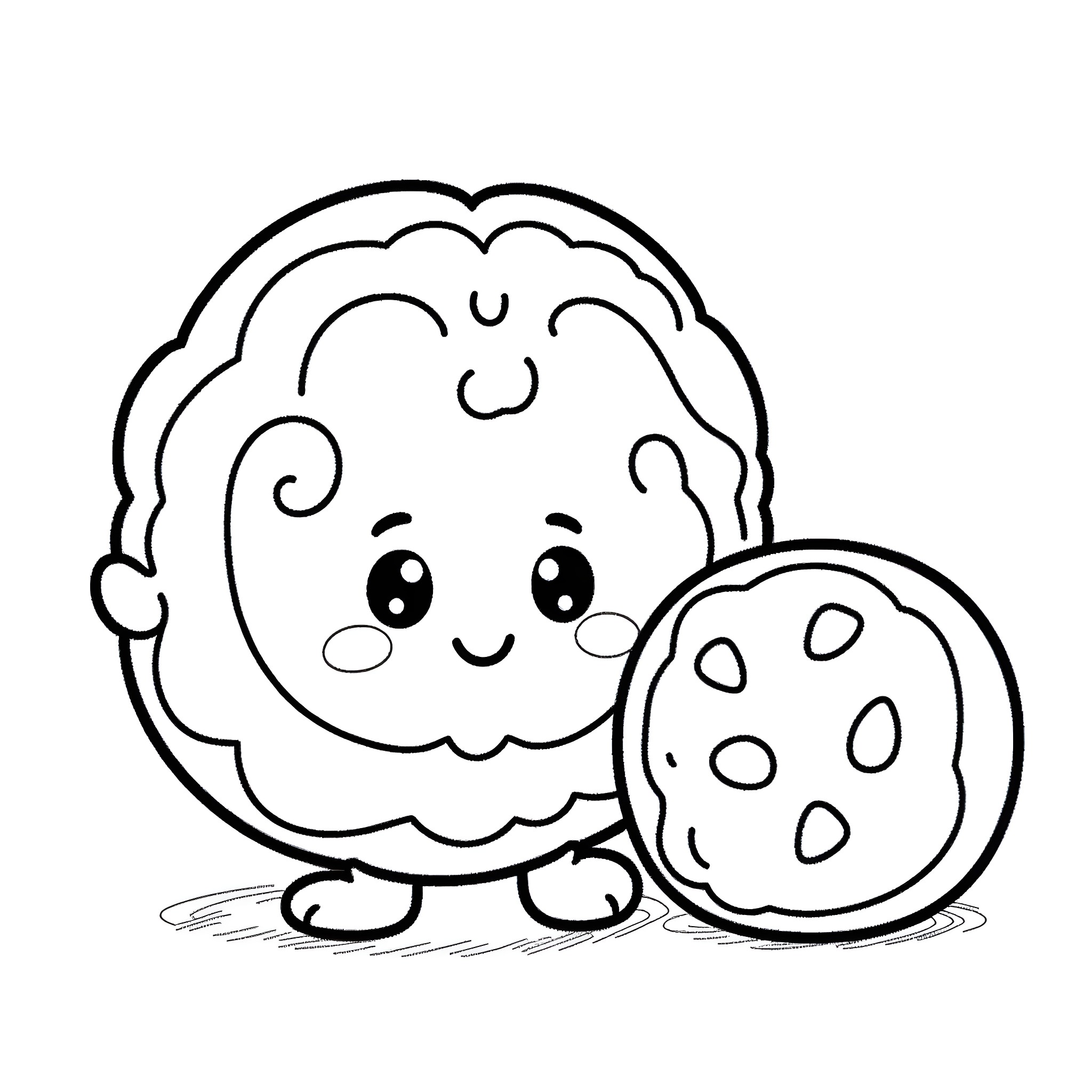Cookie character enjoying a spotted cookie Coloring Page (free black-and-white line drawing printable PDF for all, from beginners to advanced learners, including children, teens, adults, and seniors)