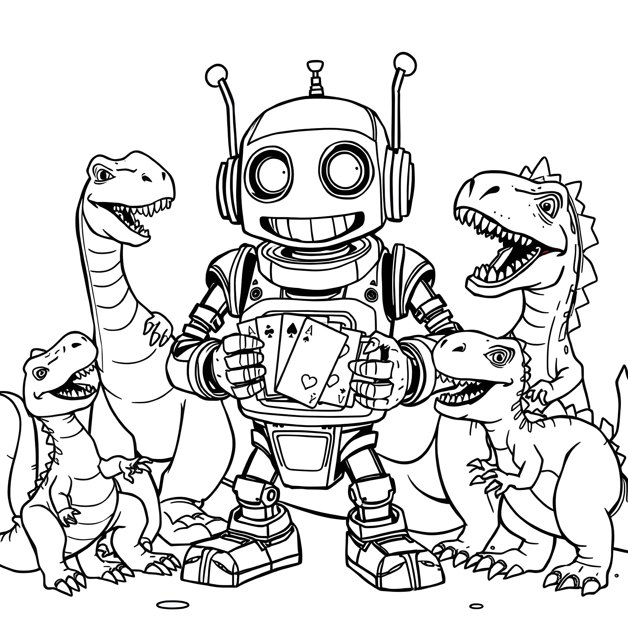 Robot playing cards with dinosaurs Coloring Page (free black-and-white line drawing printable PDF for all, from beginners to advanced learners, including children, teens, adults, and seniors)
