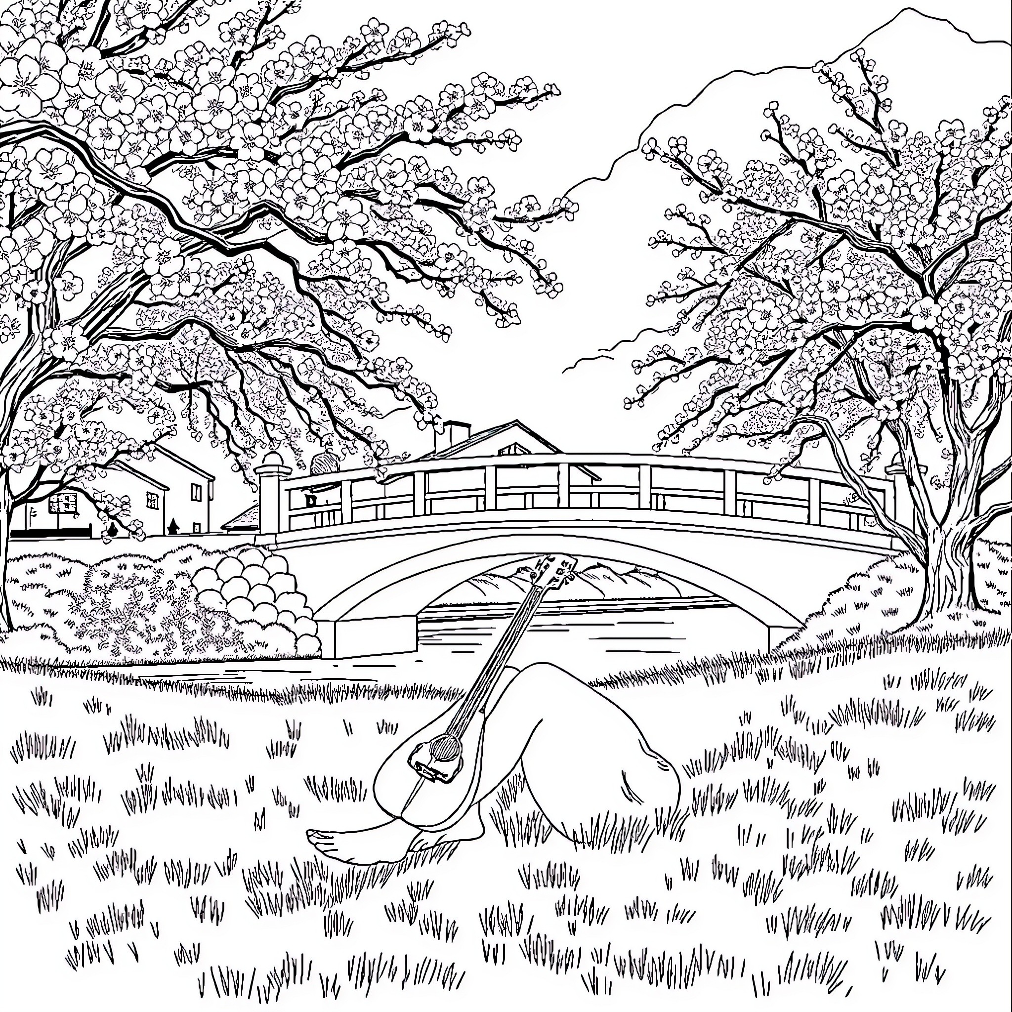Adult sitting on grass under blooming trees near bridge Coloring Page (free black-and-white line drawing printable PDF for all, from beginners to advanced learners, including children, teens, adults, and seniors)