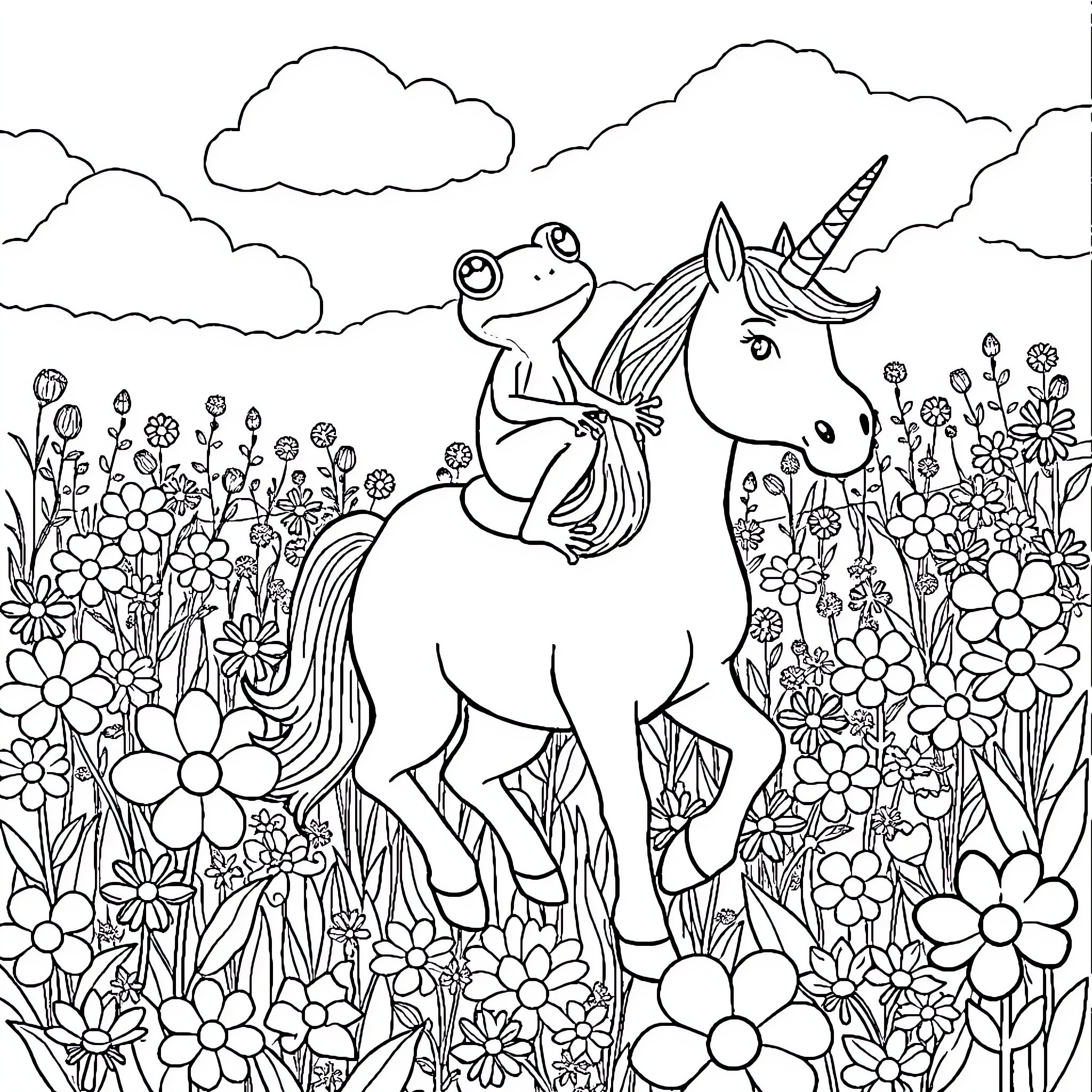 Frog riding a unicorn in a flower field Coloring Page (free black-and-white line drawing printable PDF for all, from beginners to advanced learners, including children, teens, adults, and seniors)