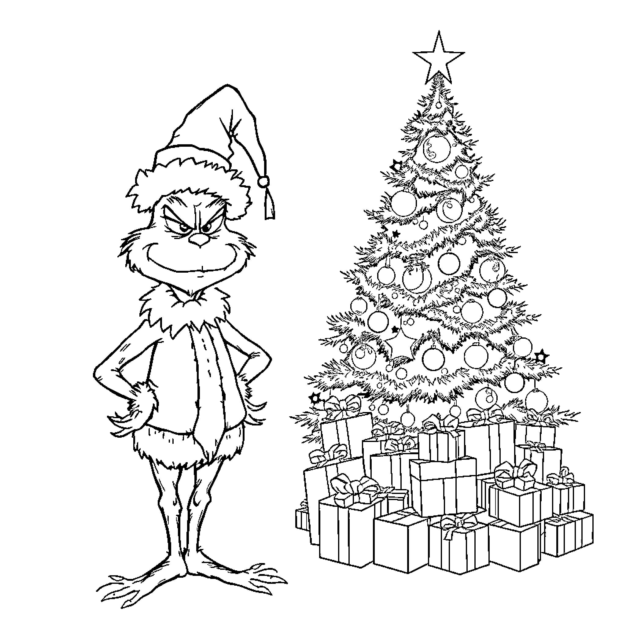 Grinch's Christmas Eve with festive tree and gifts Coloring Page (free black-and-white line drawing printable PDF for all, from beginners to advanced learners, including children, teens, adults, and seniors)