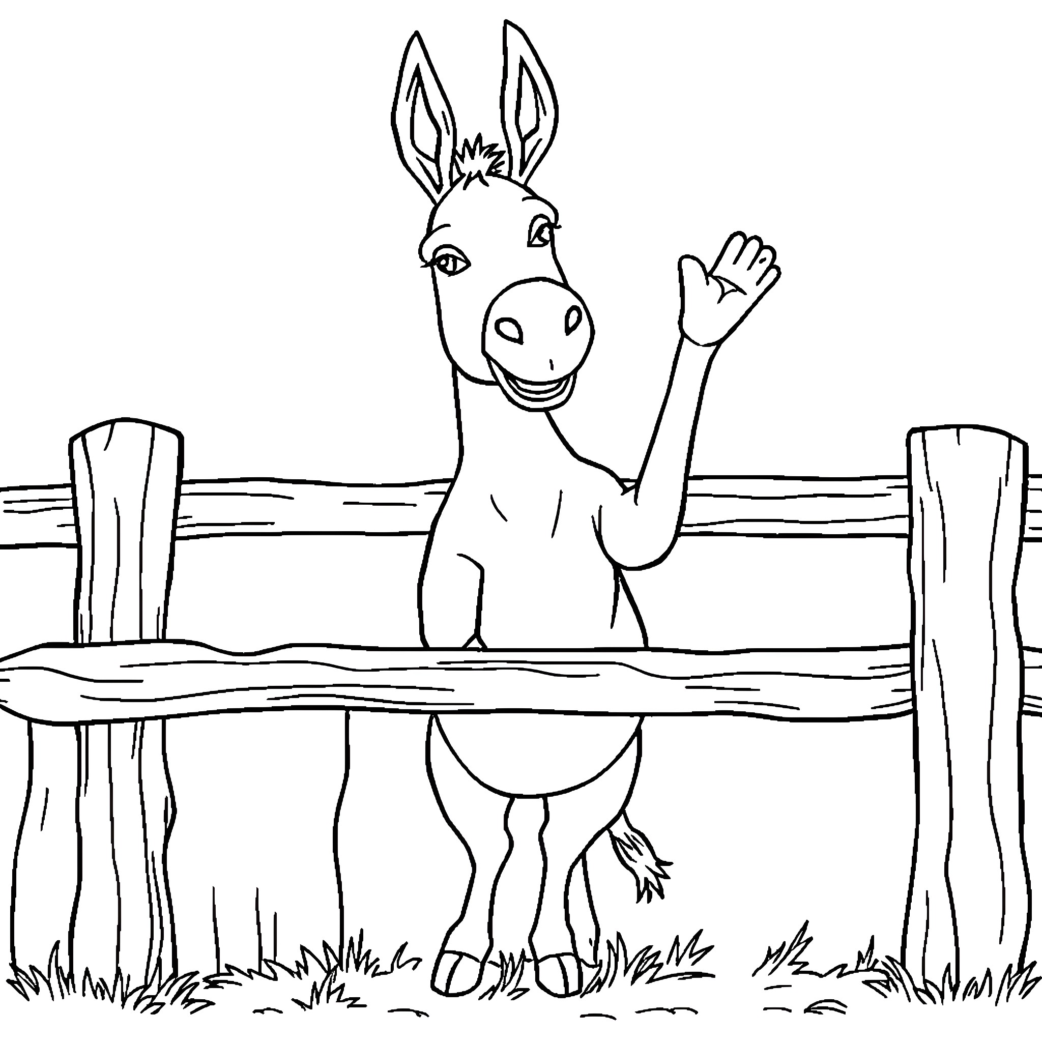 Donkey waving happily from behind a fence Coloring Page (free black-and-white line drawing printable PDF for all, from beginners to advanced learners, including children, teens, adults, and seniors)