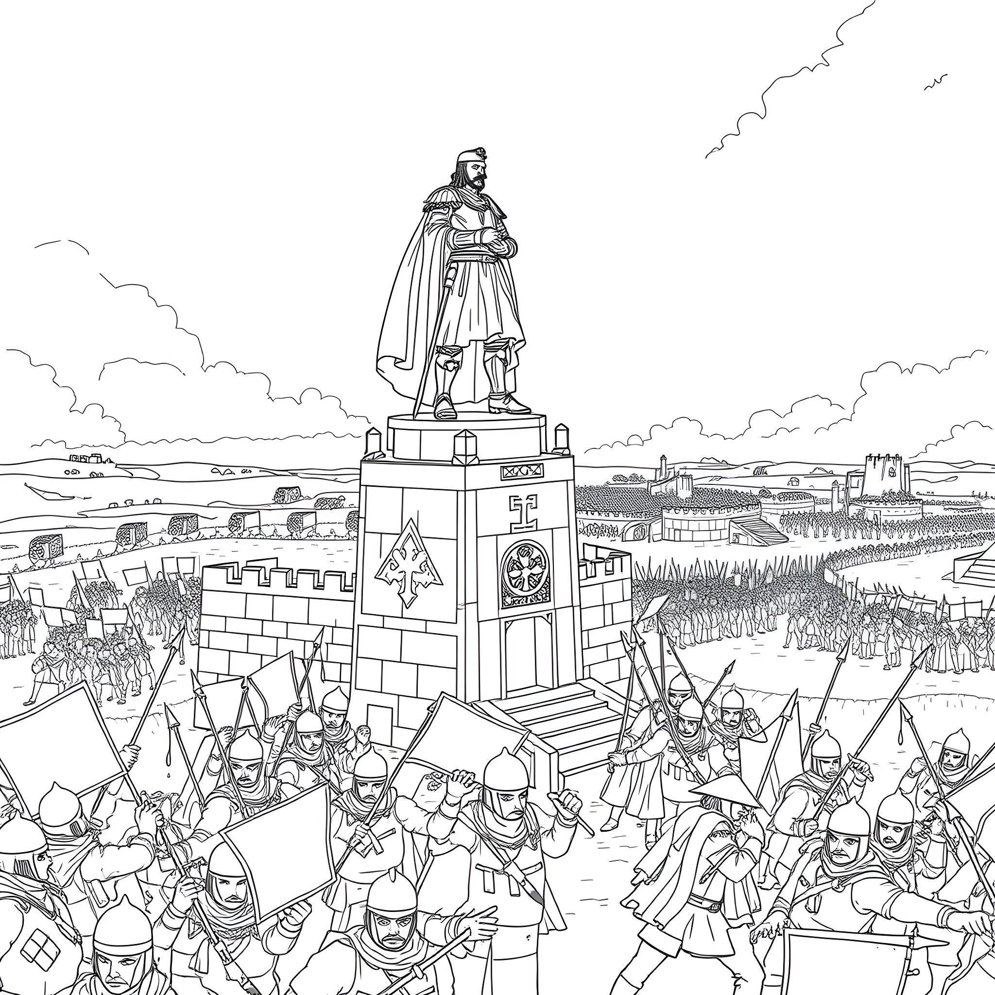 Duc de Puce's Triumphant March with Armored Soldiers Coloring Page (free black-and-white line drawing printable PDF for all, from beginners to advanced learners, including children, teens, adults, and seniors)