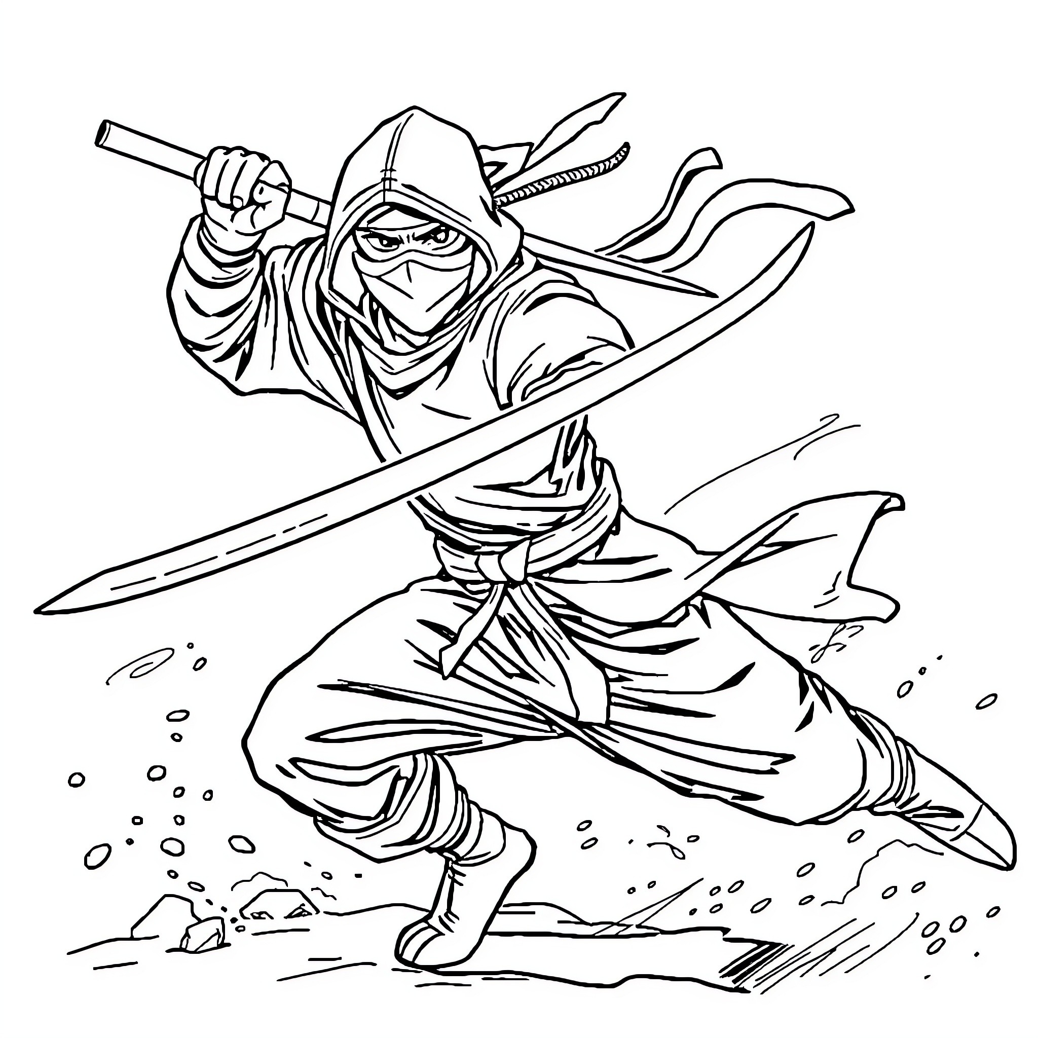 Ninja warrior in action with swords and stealth Coloring Page (free black-and-white line drawing printable PDF for all, from beginners to advanced learners, including children, teens, adults, and seniors)