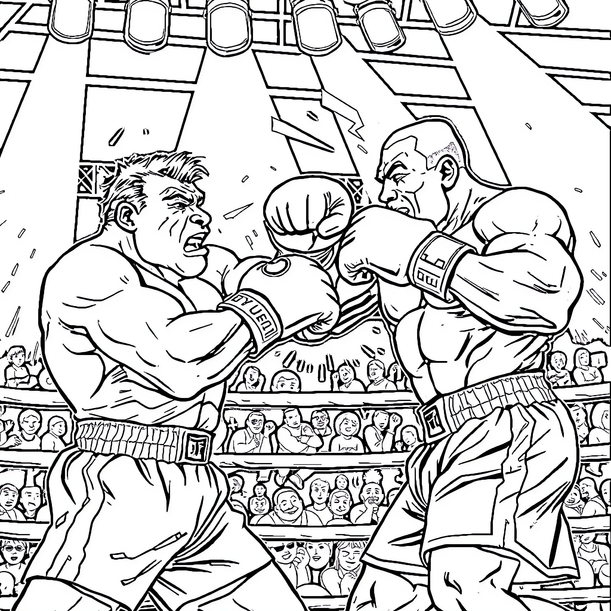 Sully's Intense Boxing Match in the Ring Coloring Page (free black-and-white line drawing printable PDF for all, from beginners to advanced learners, including children, teens, adults, and seniors)