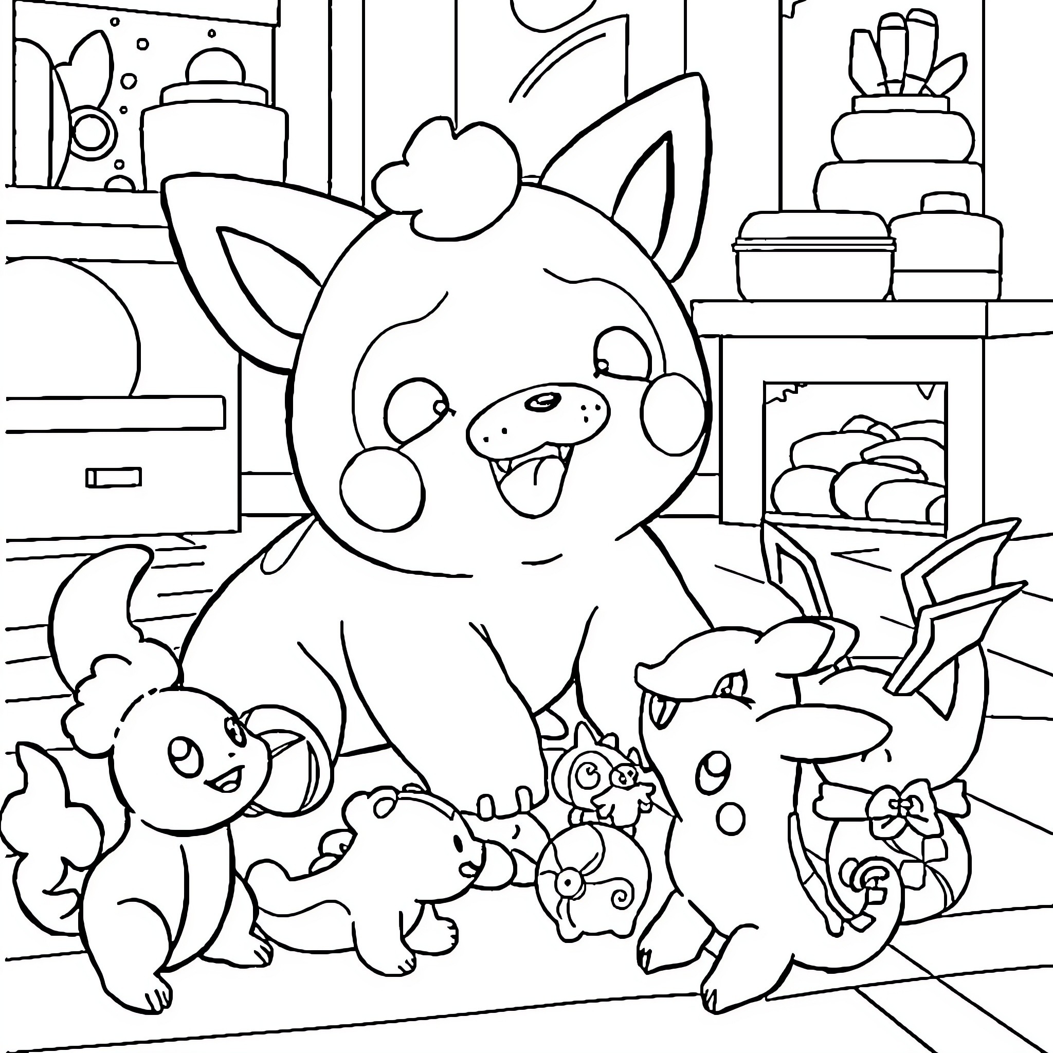 Labubu's Playful Gathering with Friends Coloring Page (free black-and-white line drawing printable PDF for all, from beginners to advanced learners, including children, teens, adults, and seniors)