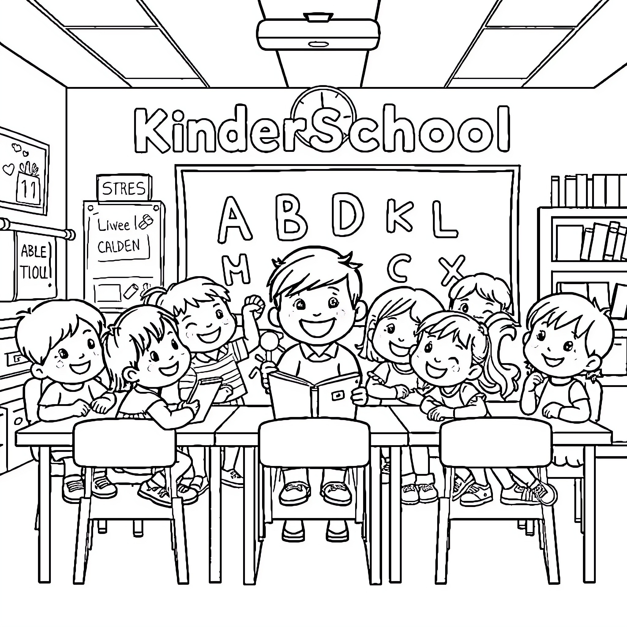 Alphabet Kindergarten Learning and Fun Coloring Page (free black-and-white line drawing printable PDF for all, from beginners to advanced learners, including children, teens, adults, and seniors)