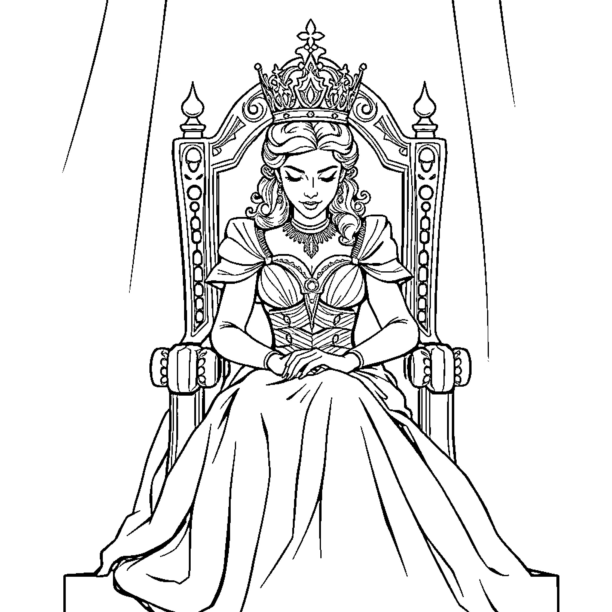 Queen on a Majestic Throne Coloring Page (free black-and-white line drawing printable PDF for all, from beginners to advanced learners, including children, teens, adults, and seniors)