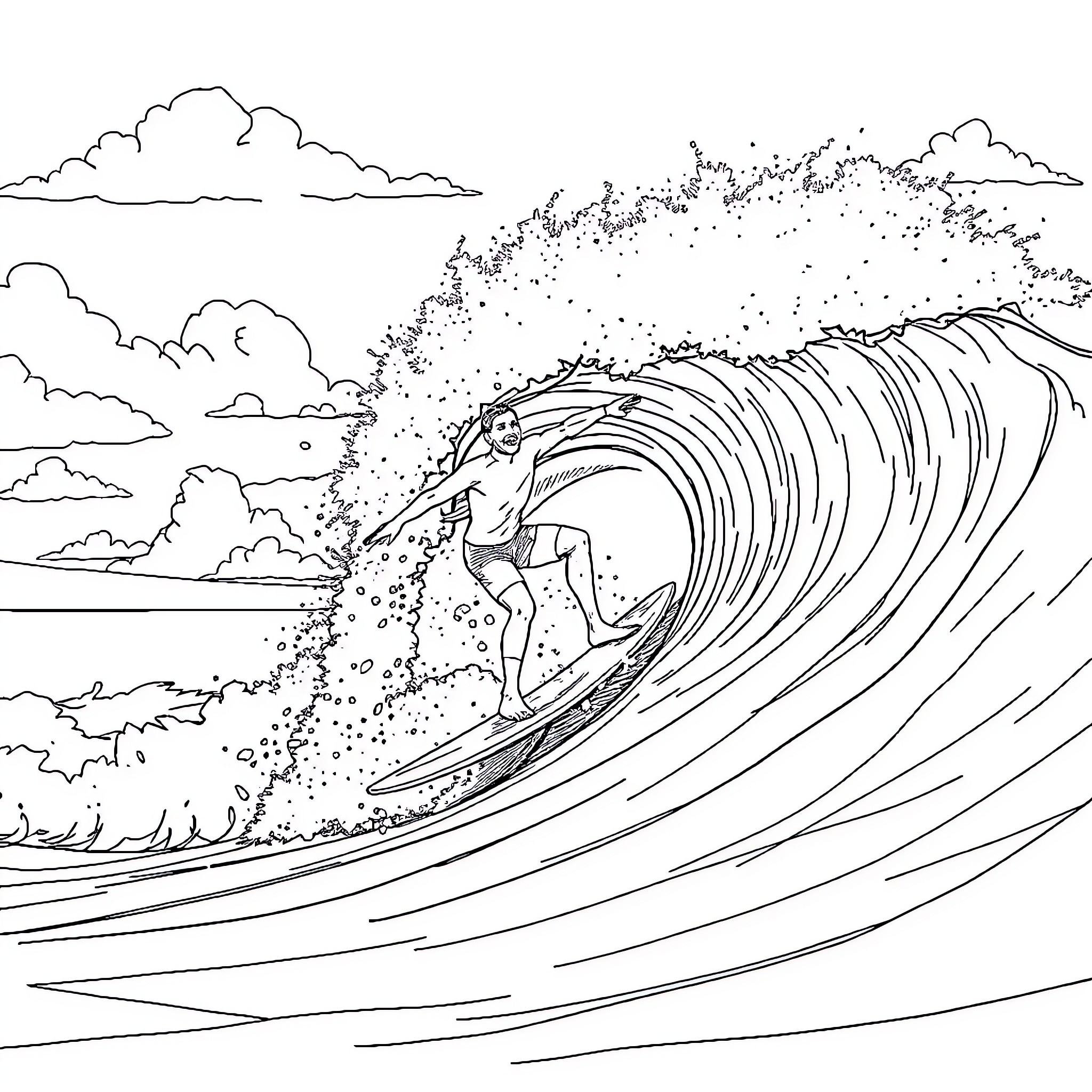 JJ Maybank surfing a massive wave Coloring Page (free black-and-white line drawing printable PDF for all, from beginners to advanced learners, including children, teens, adults, and seniors)