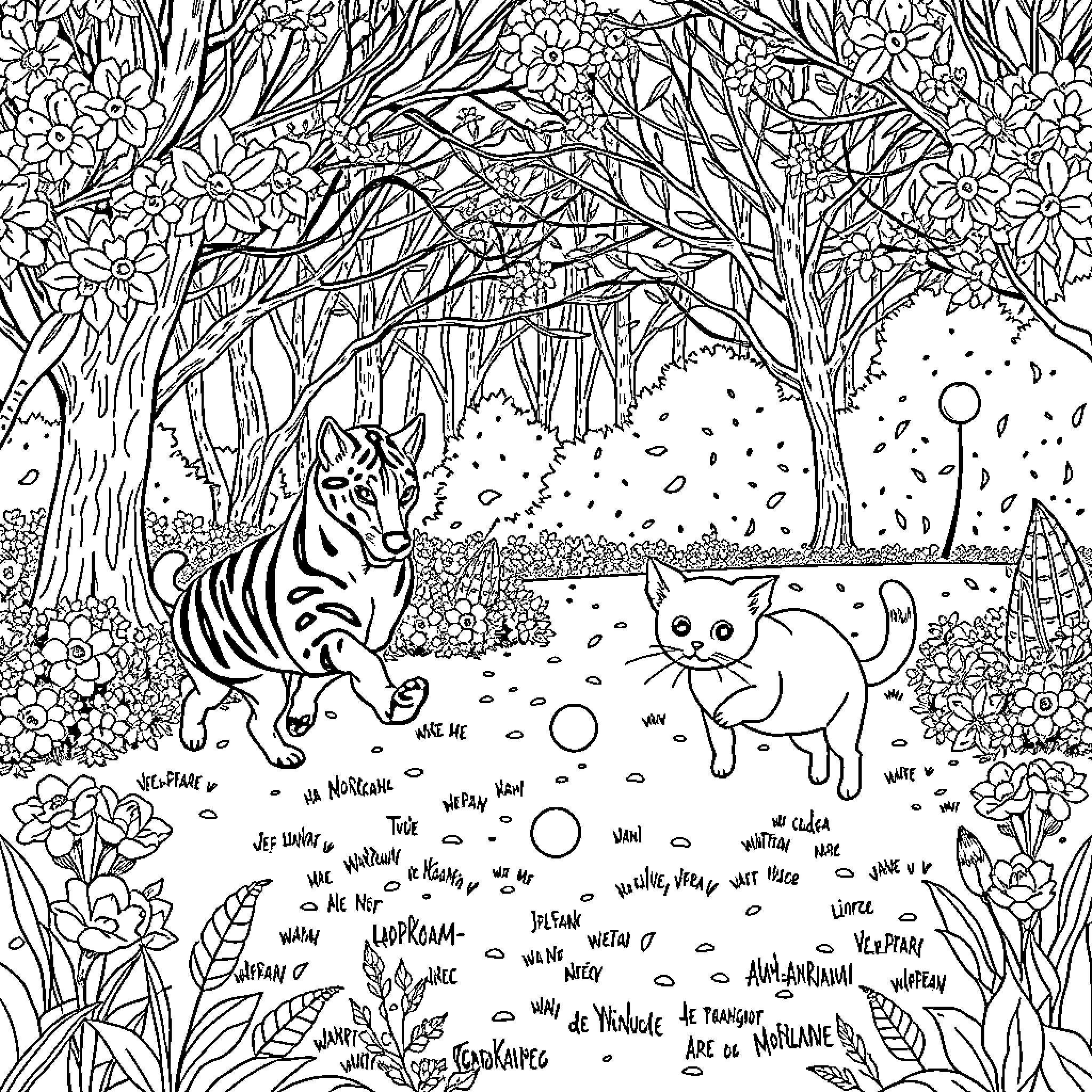 Perra con gatos jugando en el jardín Coloring Page (free black-and-white line drawing printable PDF for all, from beginners to advanced learners, including children, teens, adults, and seniors)
