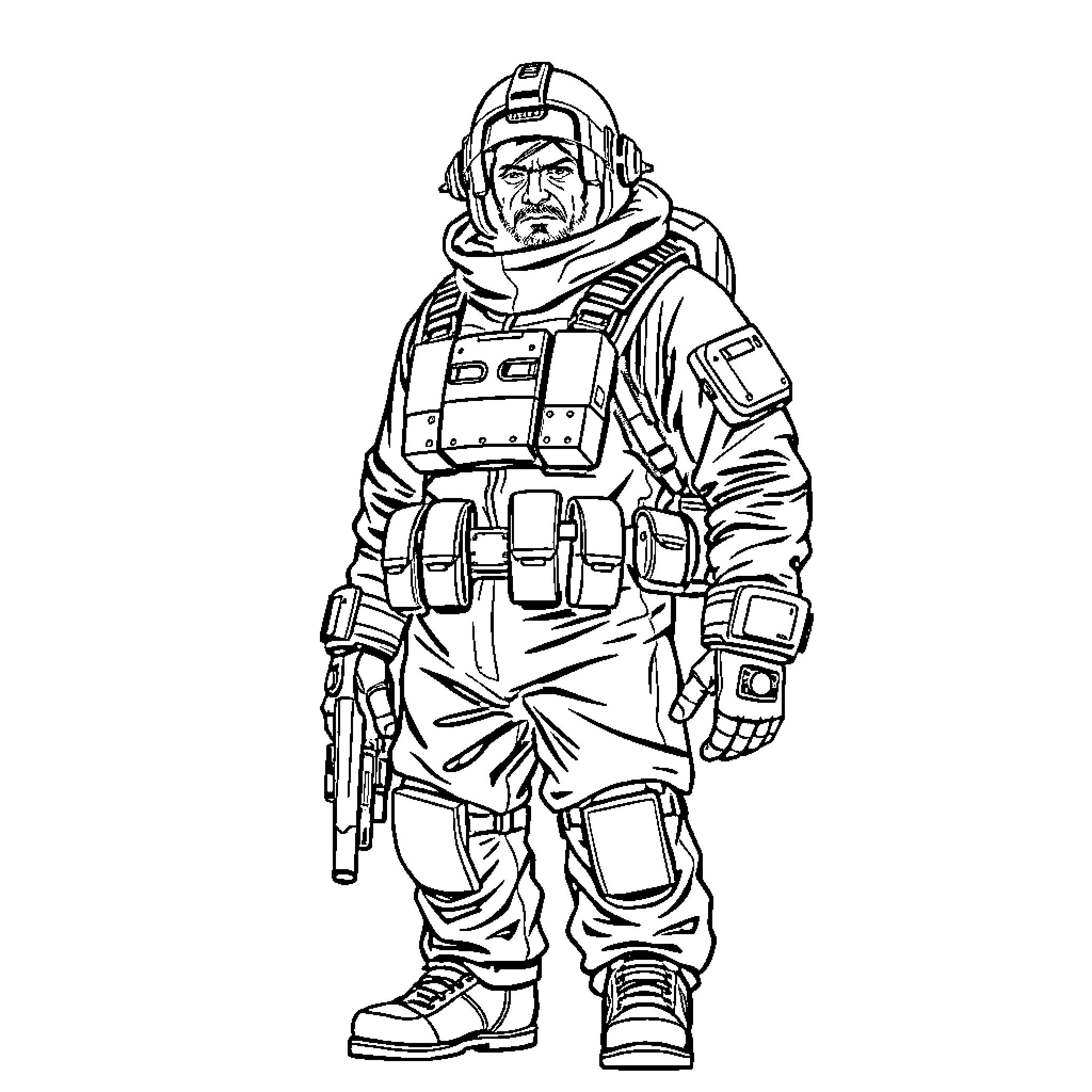 Guy in protective gear with tactical equipment Coloring Page (free black-and-white line drawing printable PDF for all, from beginners to advanced learners, including children, teens, adults, and seniors)