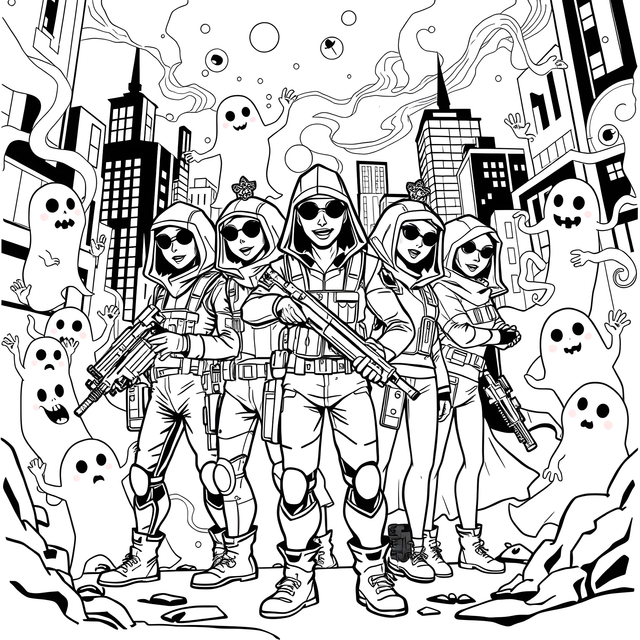 Ghostbusters Team in Action Amid Supernatural Chaos Coloring Page (free black-and-white line drawing printable PDF for all, from beginners to advanced learners, including children, teens, adults, and seniors)