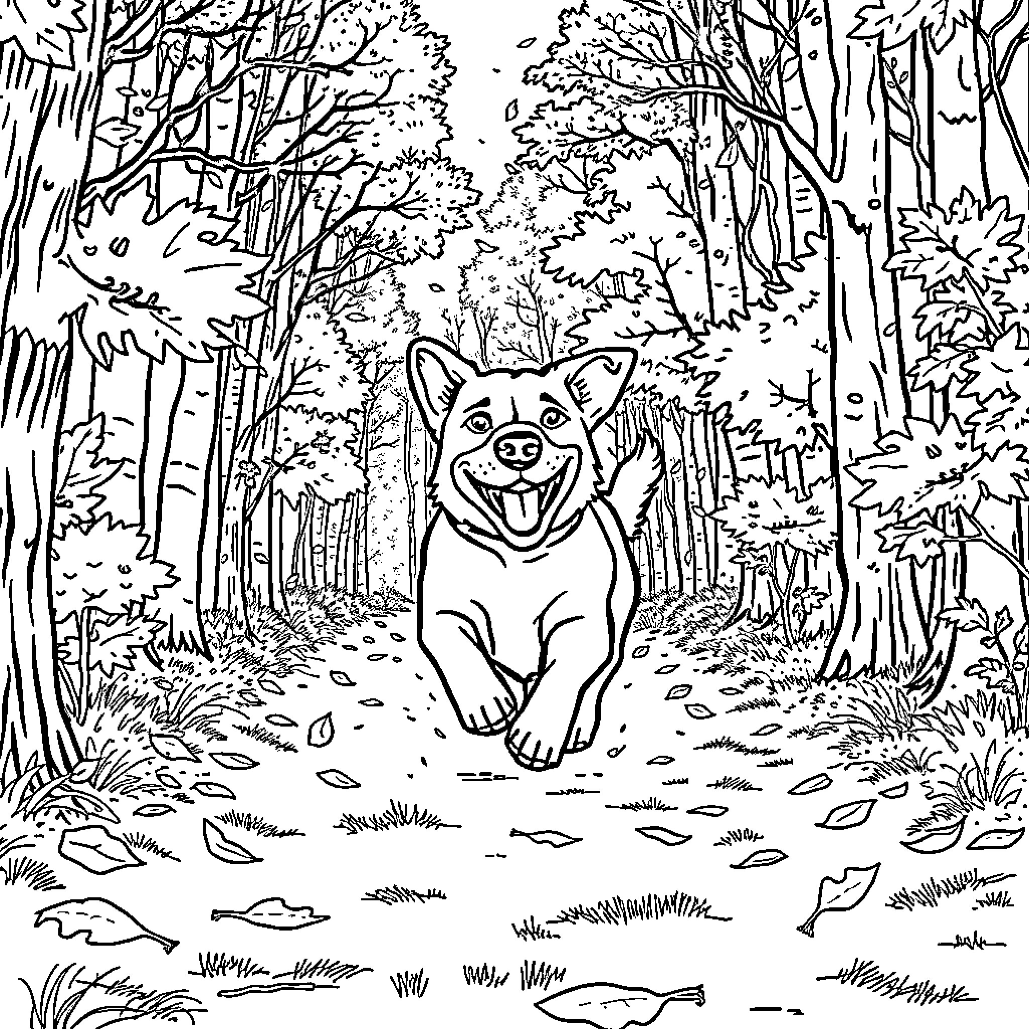Dog playing joyfully in the forest Coloring Page (free black-and-white line drawing printable PDF for all, from beginners to advanced learners, including children, teens, adults, and seniors)