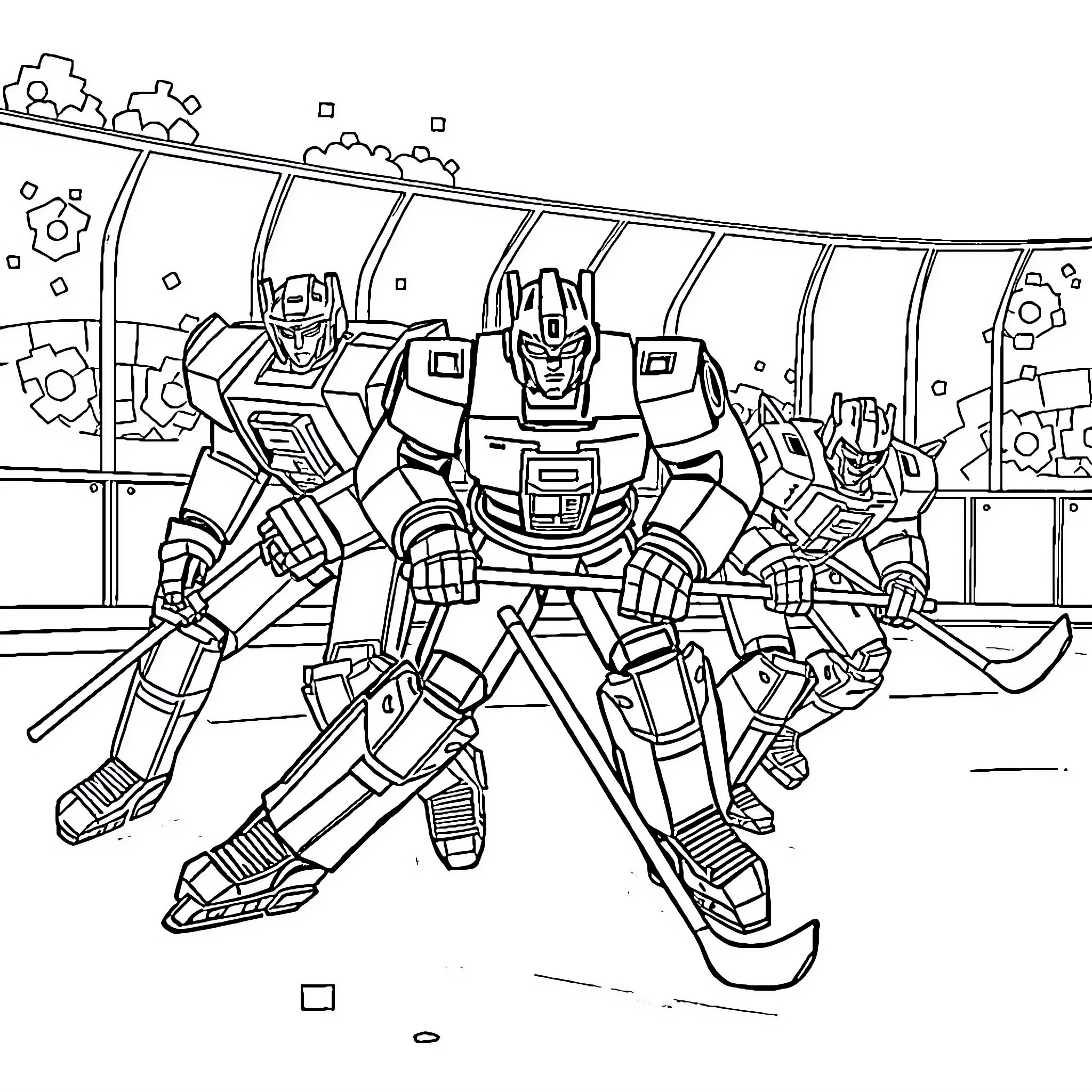 Transformer robots in action-packed combat scene Coloring Page (free black-and-white line drawing printable PDF for all, from beginners to advanced learners, including children, teens, adults, and seniors)