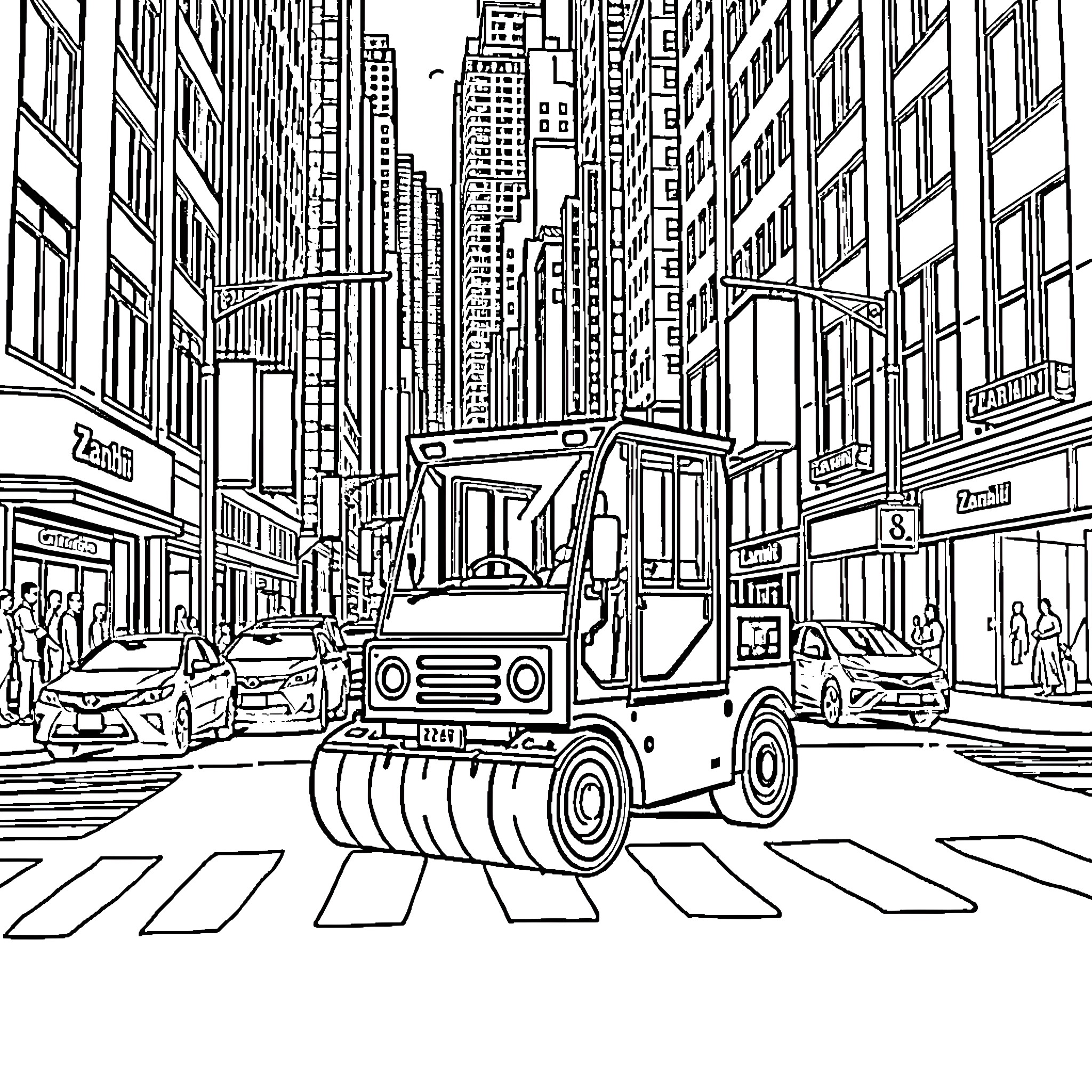 Zamboni clearing the streets of a bustling city Coloring Page (free black-and-white line drawing printable PDF for all, from beginners to advanced learners, including children, teens, adults, and seniors)