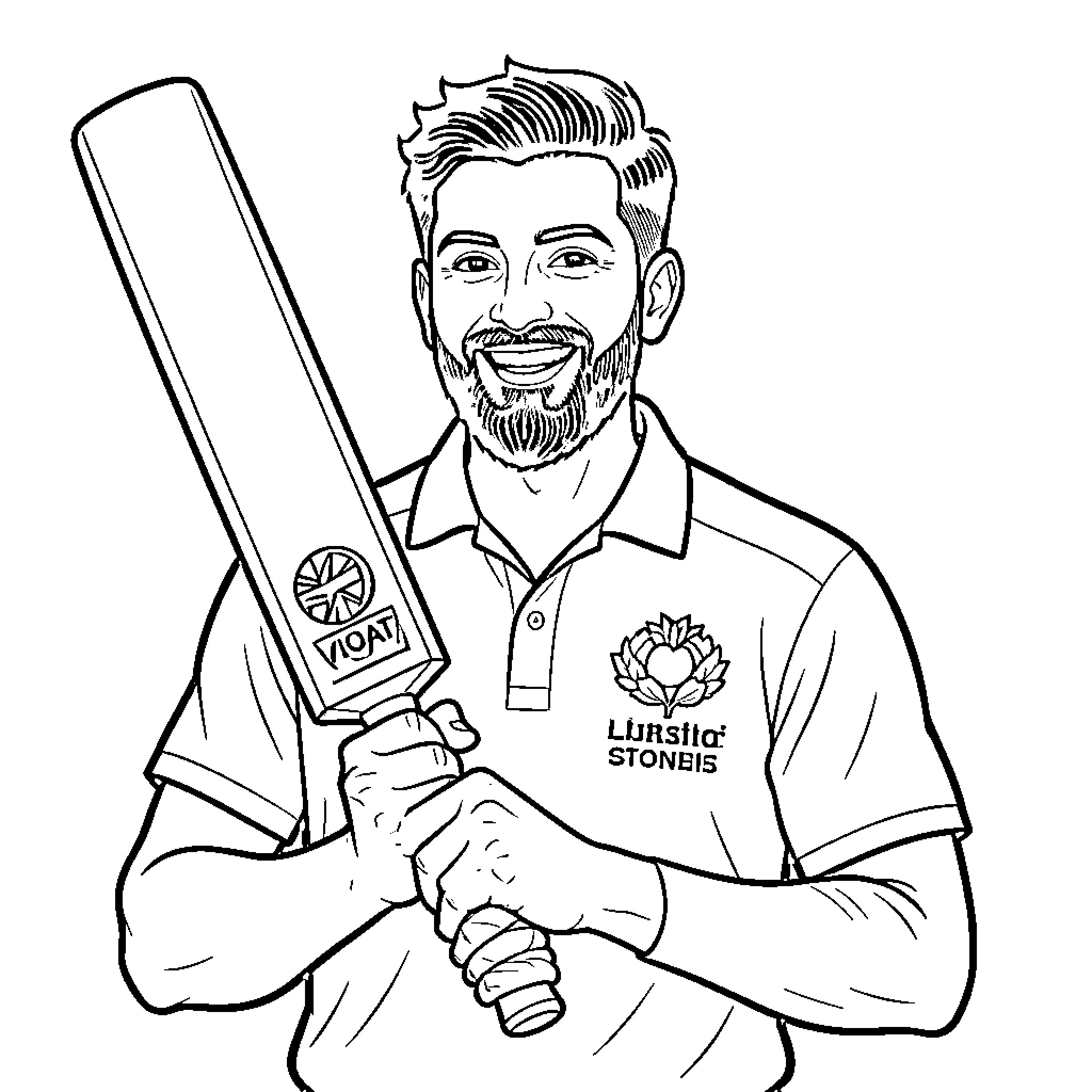 Virat Kohli smiling while holding a cricket bat Coloring Page (free black-and-white line drawing printable PDF for all, from beginners to advanced learners, including children, teens, adults, and seniors)