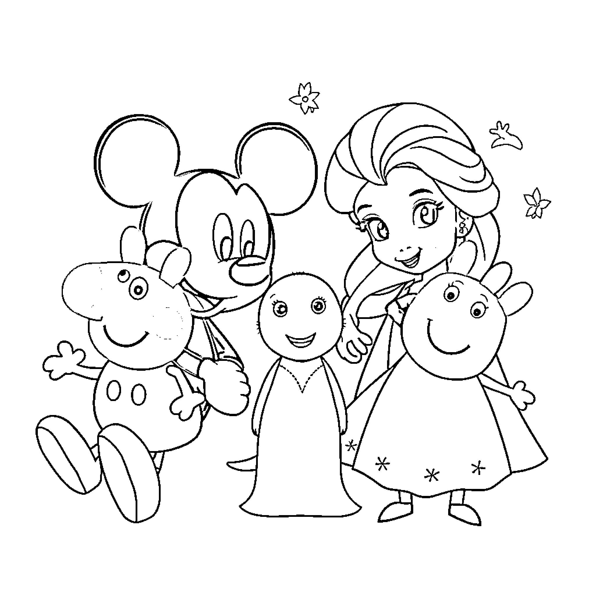 Cartoon Characters in Playful Poses Coloring Page (free black-and-white line drawing printable PDF for all, from beginners to advanced learners, including children, teens, adults, and seniors)