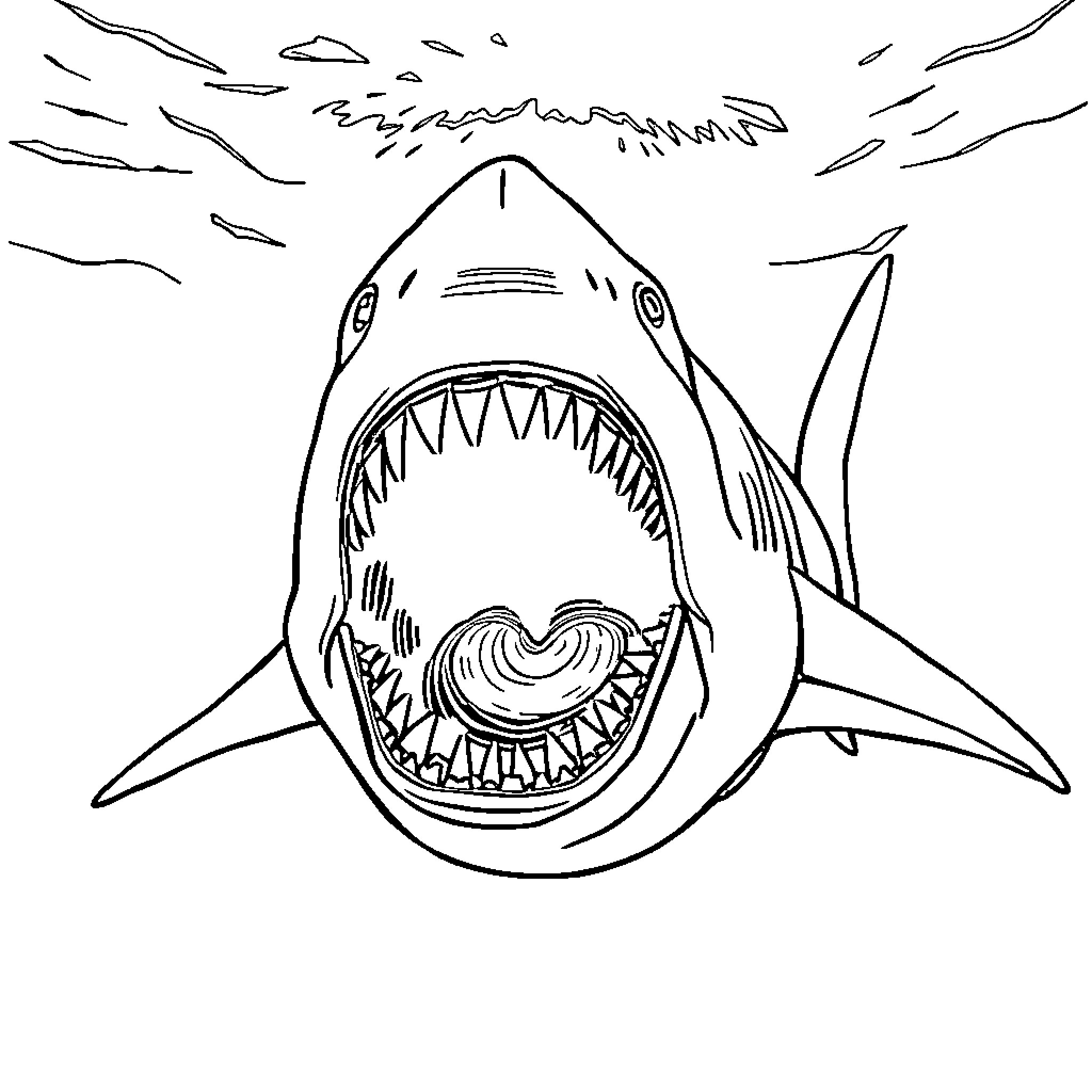 Shark with wide open mouth and sharp teeth Coloring Page (free black-and-white line drawing printable PDF for all, from beginners to advanced learners, including children, teens, adults, and seniors)