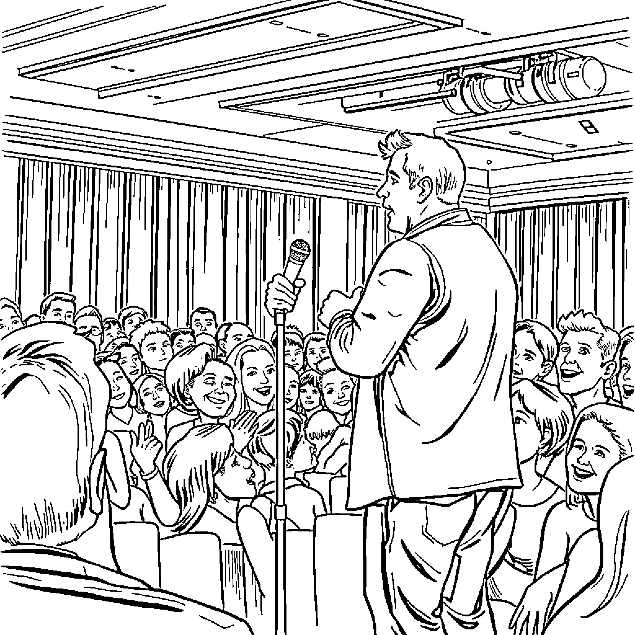 Shane Gillis performing stand-up comedy for a live audience Coloring Page (free black-and-white line drawing printable PDF for all, from beginners to advanced learners, including children, teens, adults, and seniors)