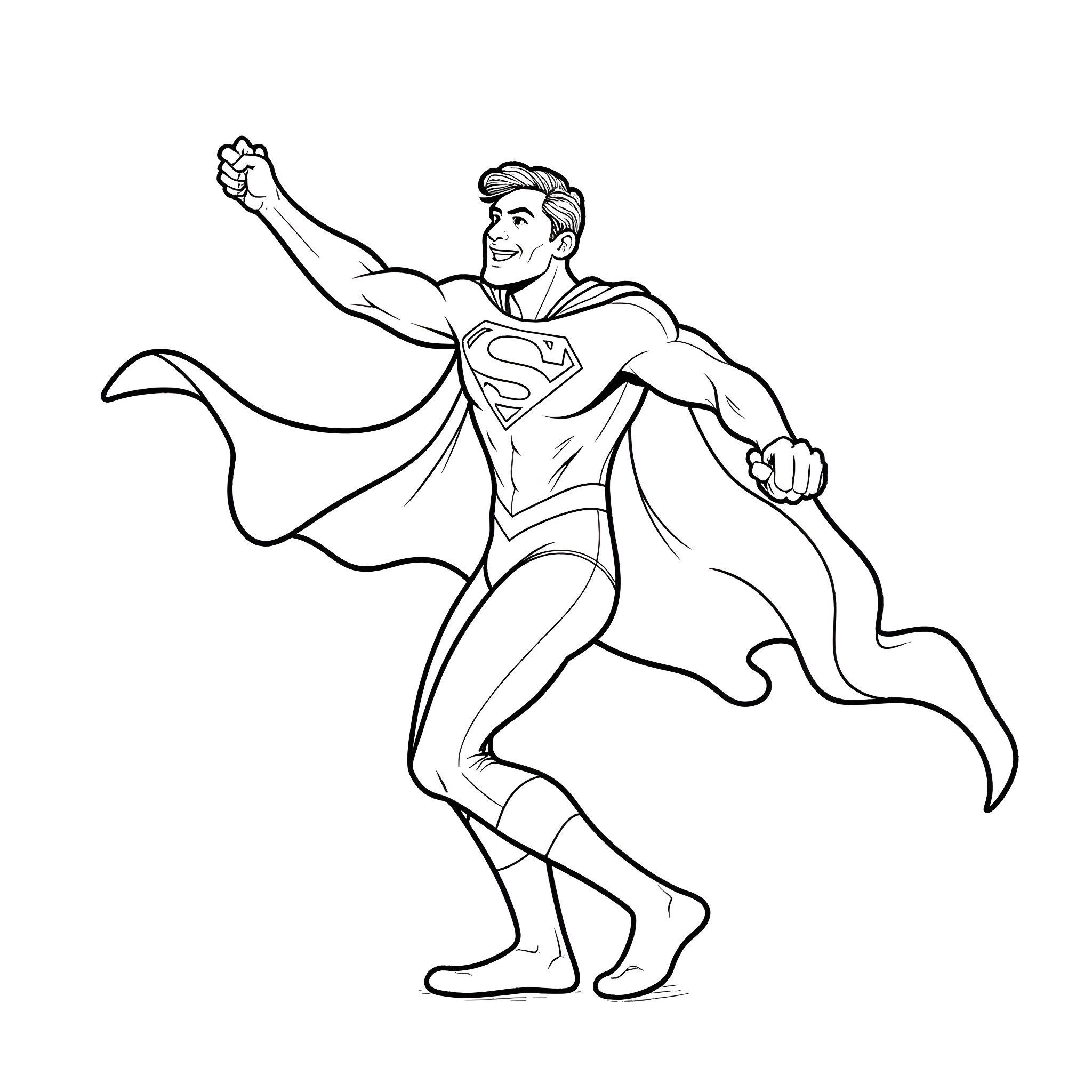 Superman in heroic pose with arms raised Coloring Page (free black-and-white line drawing printable PDF for all, from beginners to advanced learners, including children, teens, adults, and seniors)