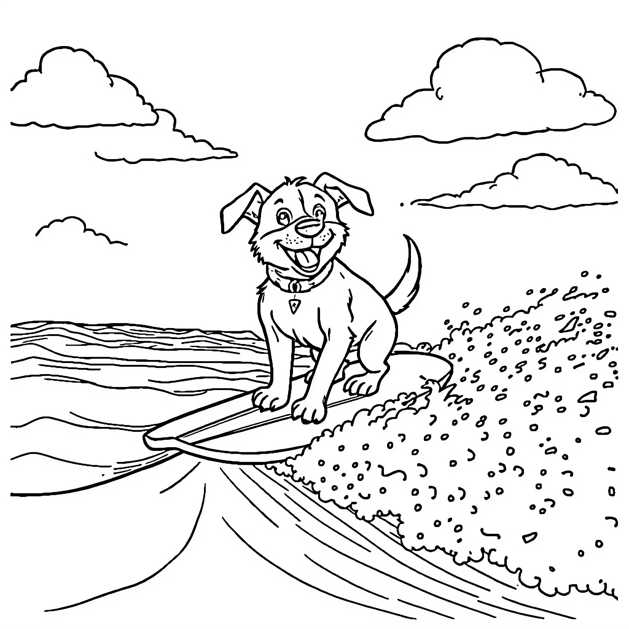 Dog surfing happily on the waves Coloring Page (free black-and-white line drawing printable PDF for all, from beginners to advanced learners, including children, teens, adults, and seniors)