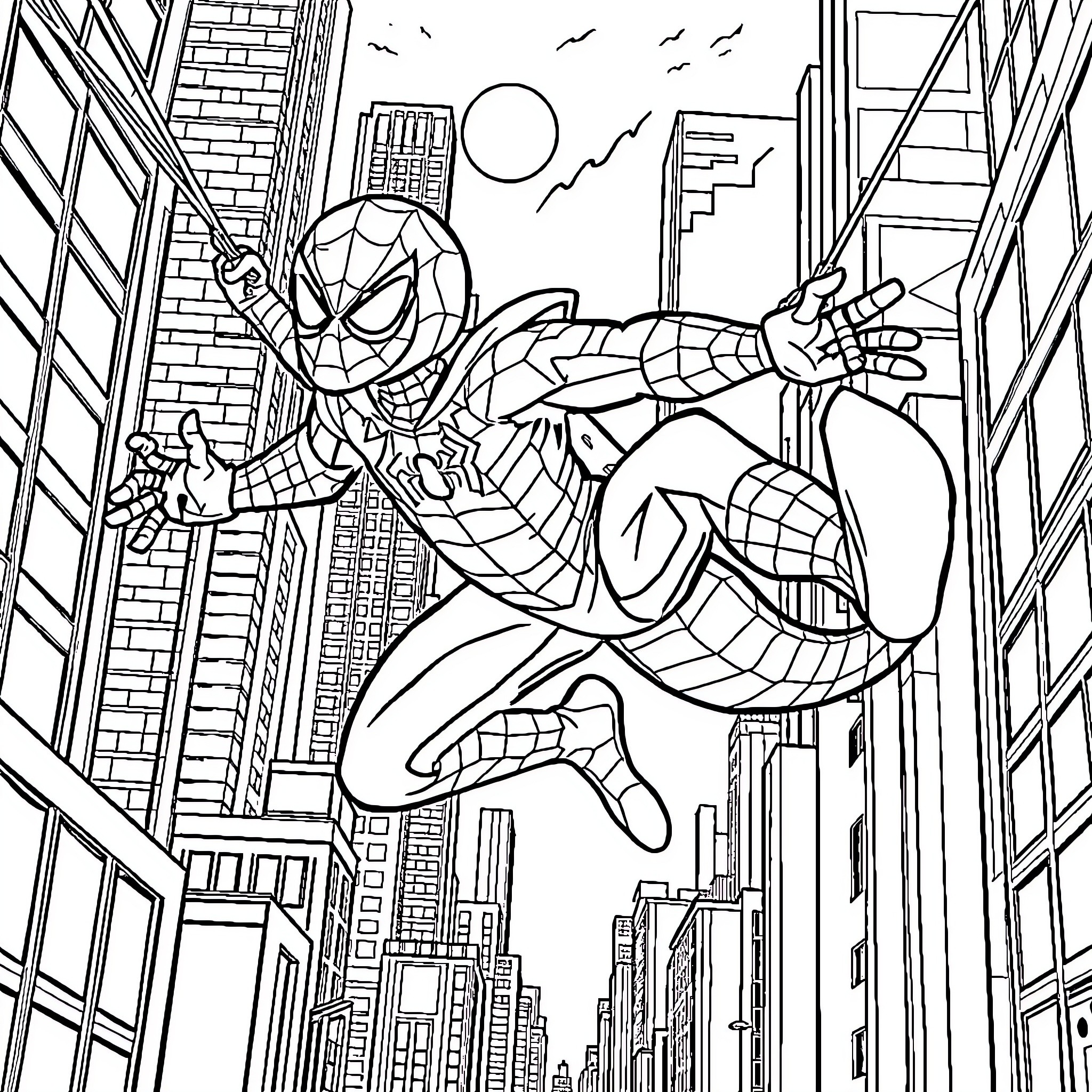 Spiderman swinging through the city skyline Coloring Page (free black-and-white line drawing printable PDF for all, from beginners to advanced learners, including children, teens, adults, and seniors)