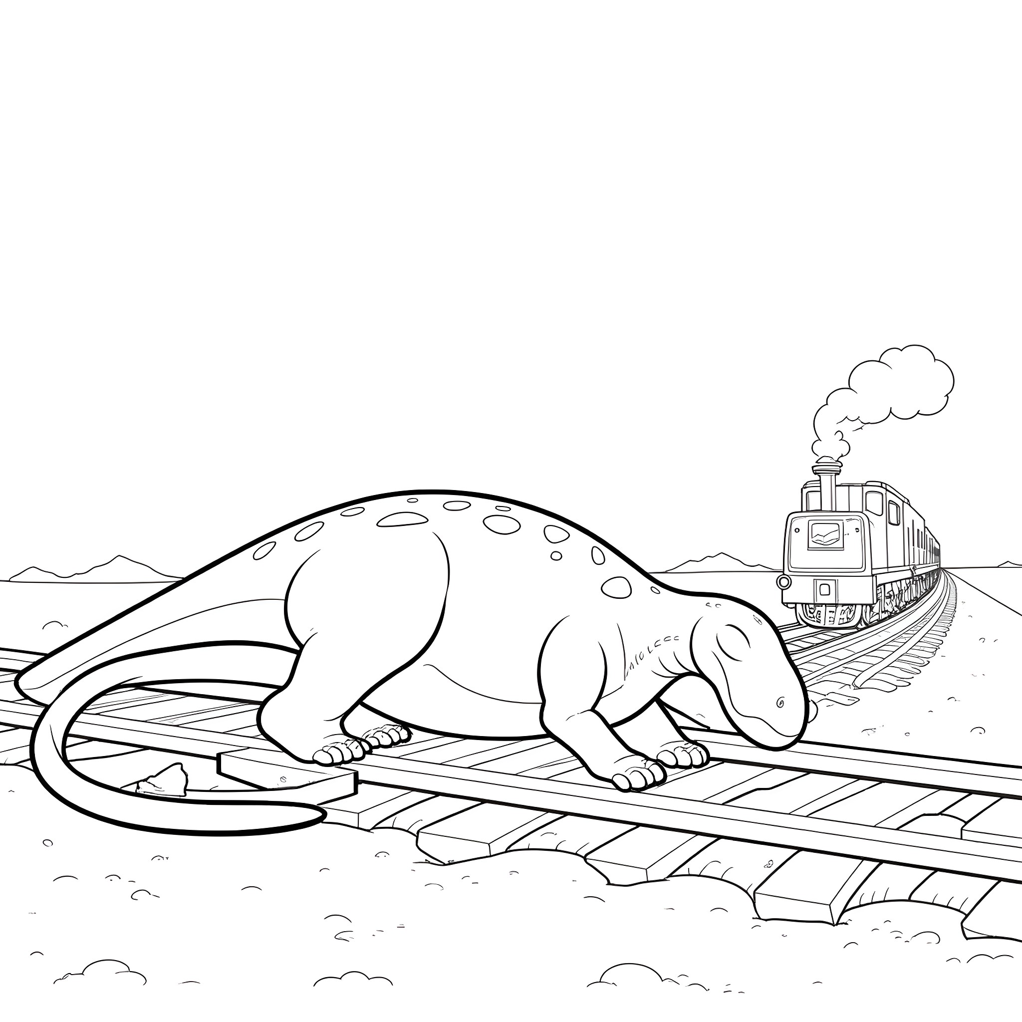Dinosaur lounging on railroad tracks with passing train Coloring Page (free black-and-white line drawing printable PDF for all, from beginners to advanced learners, including children, teens, adults, and seniors)