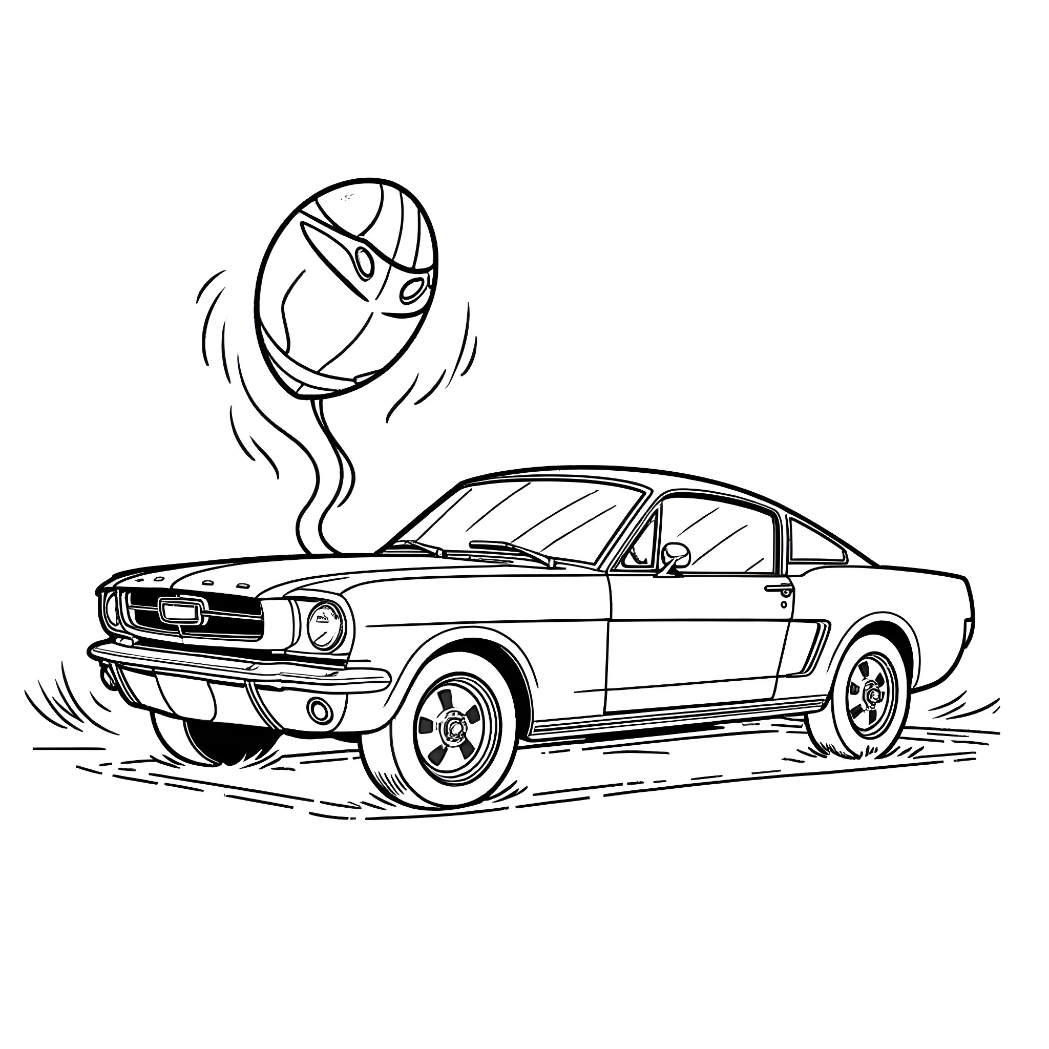 Mustang muscle car in motion with spinning tire Coloring Page (free black-and-white line drawing printable PDF for all, from beginners to advanced learners, including children, teens, adults, and seniors)