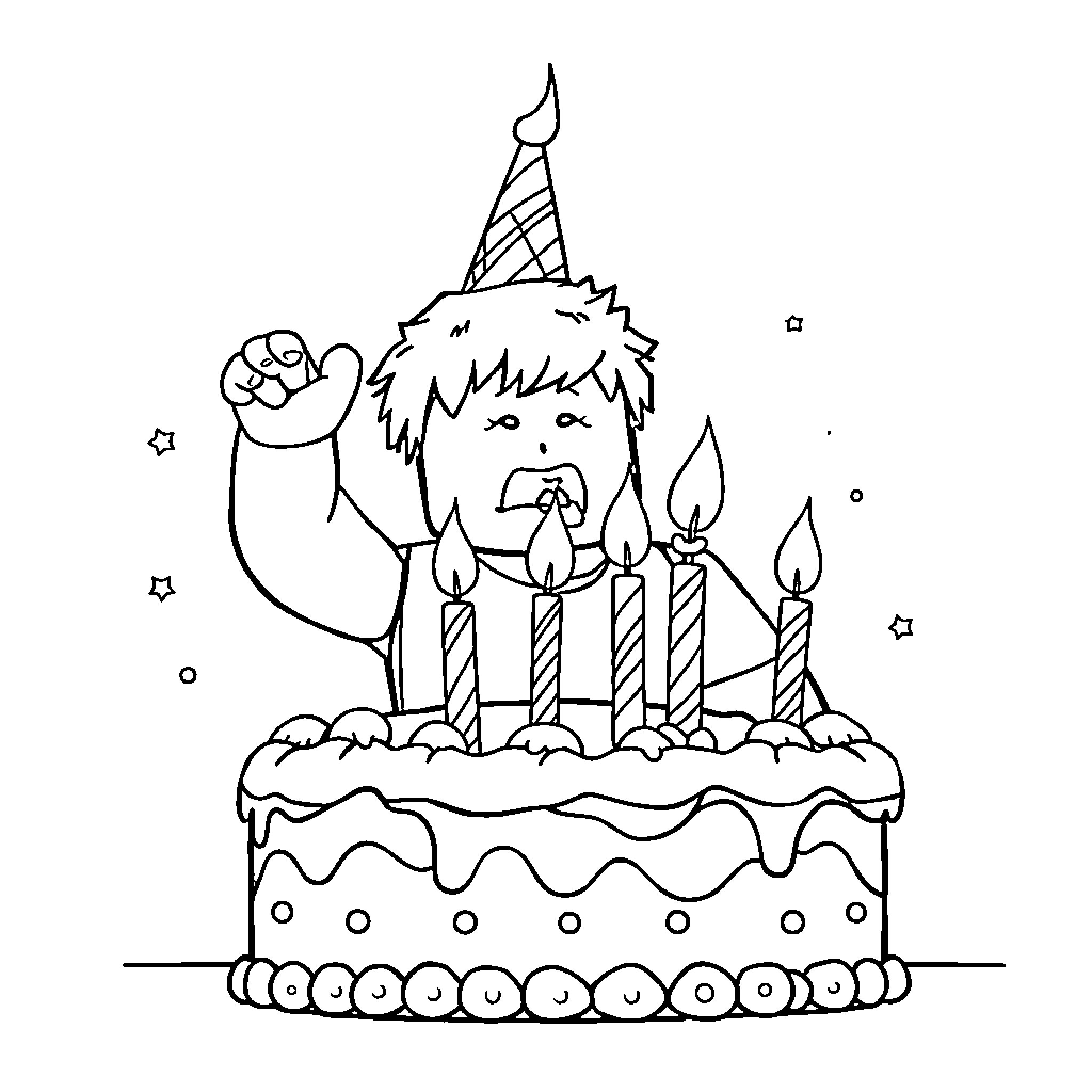 Roblox character celebrates birthday with cake and candles Coloring Page (free black-and-white line drawing printable PDF for all, from beginners to advanced learners, including children, teens, adults, and seniors)