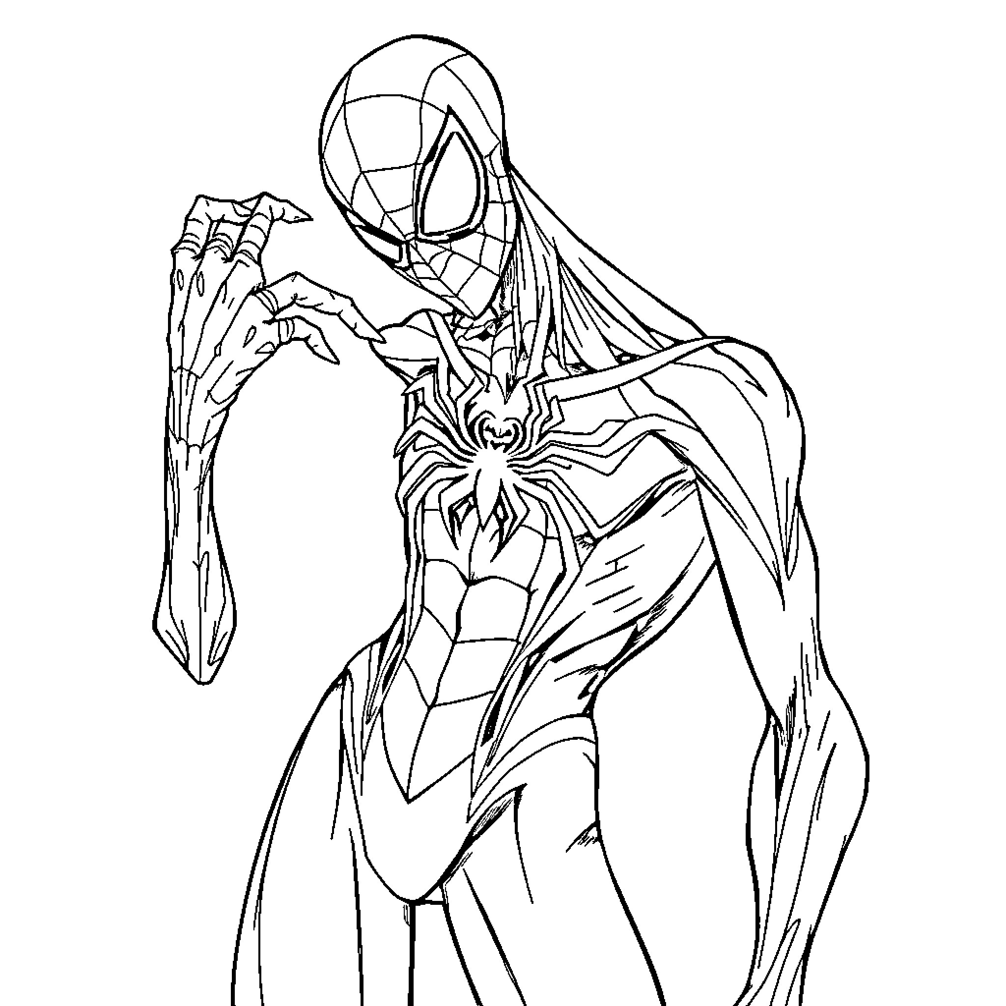 Spider-Man wielding his web powers Coloring Page (free black-and-white line drawing printable PDF for all, from beginners to advanced learners, including children, teens, adults, and seniors)
