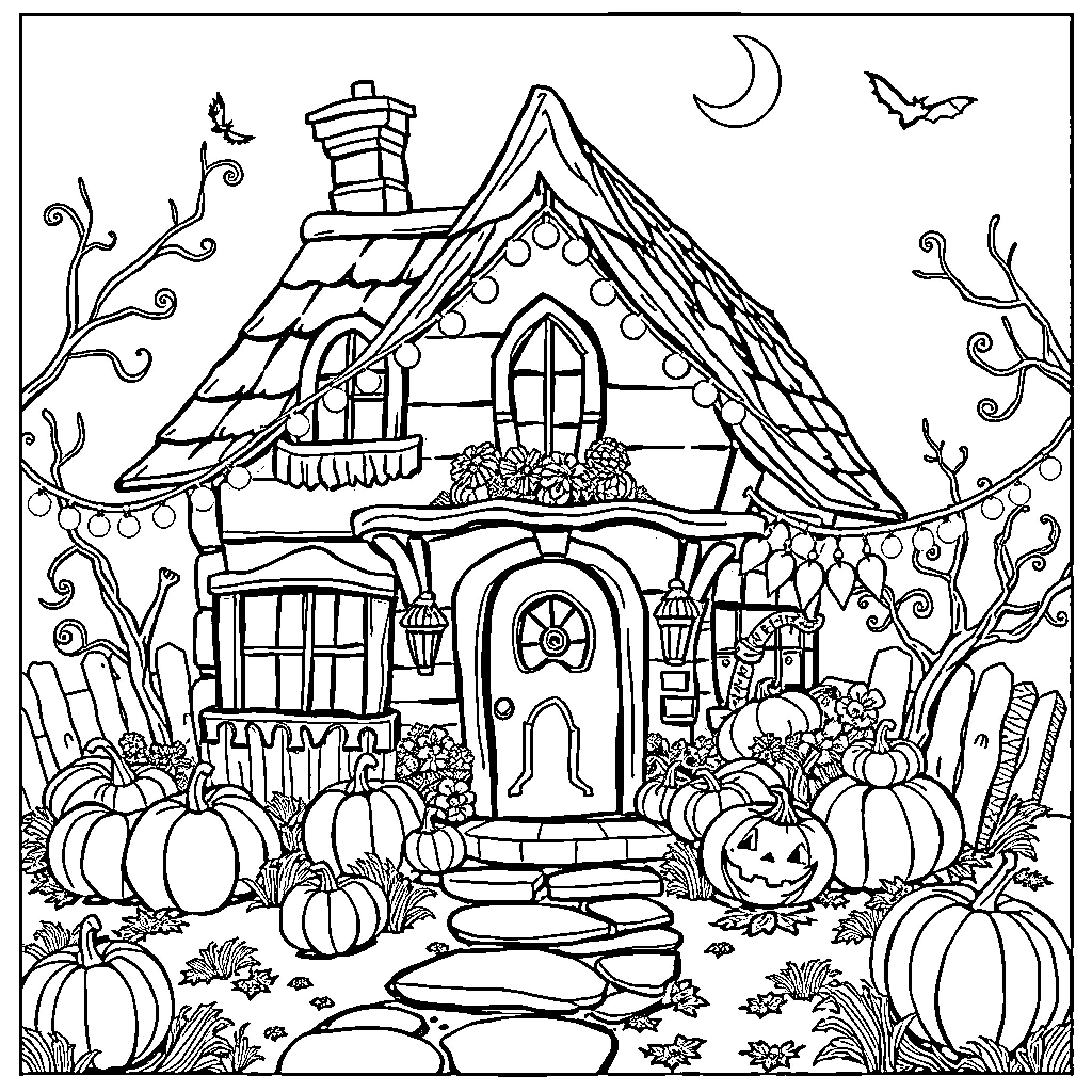 Dollhouse with Pumpkins and Spooky Decor Coloring Page (free black-and-white line drawing printable PDF for all, from beginners to advanced learners, including children, teens, adults, and seniors)